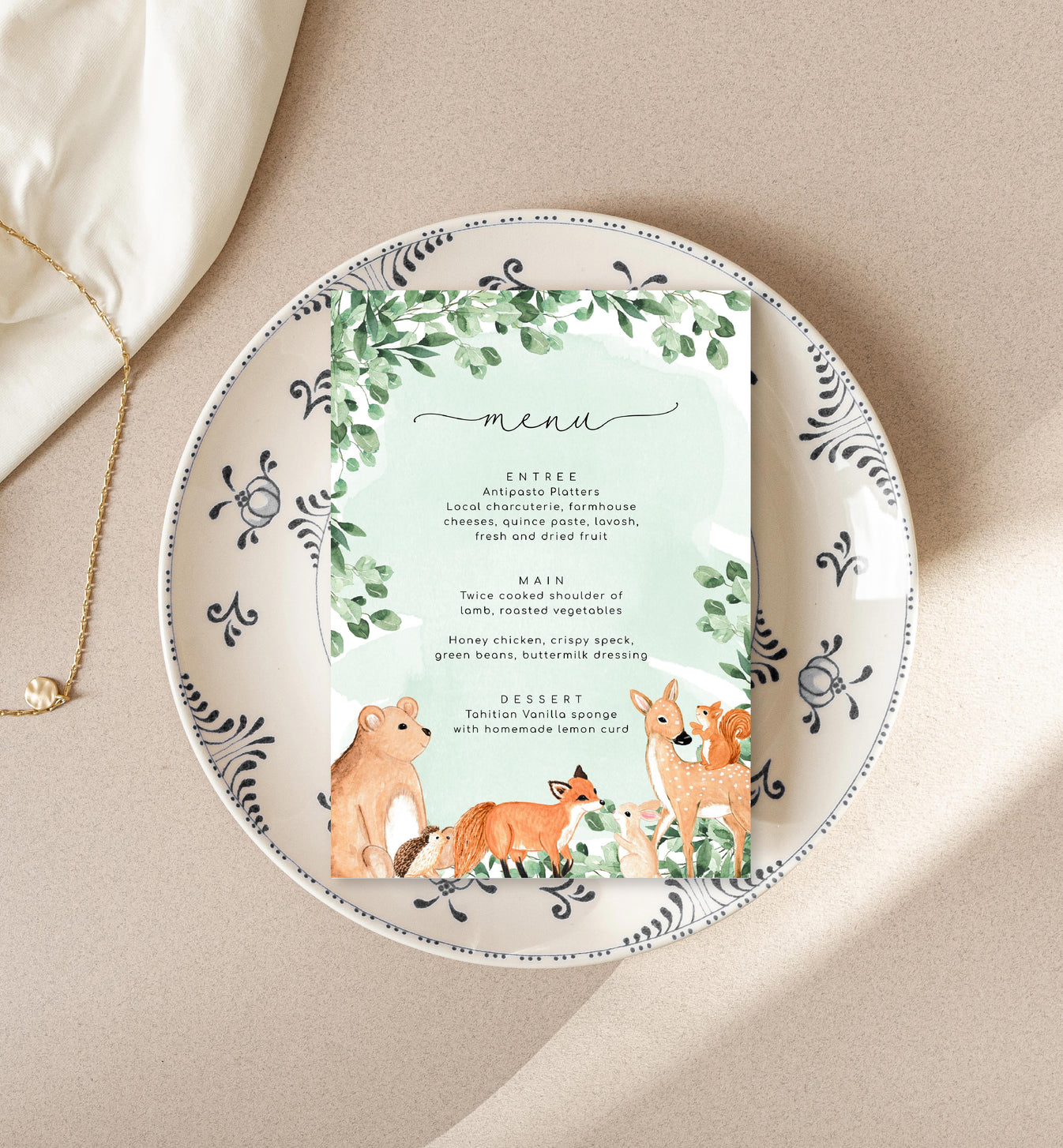Woodland Animals Green | Printable Menu – Black Bow Studio