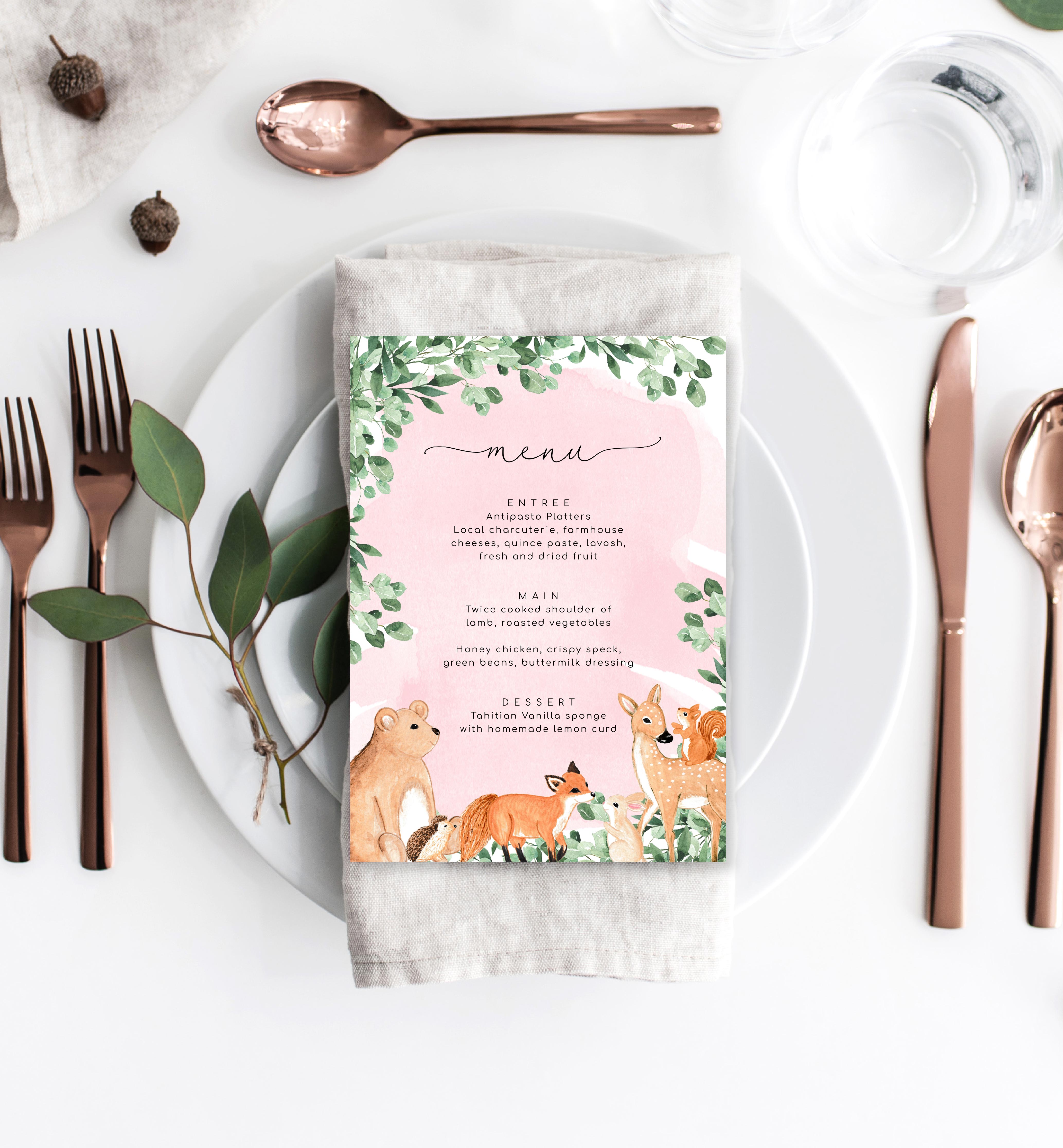 Woodland Animals Pink | Printable Menu – Black Bow Studio
