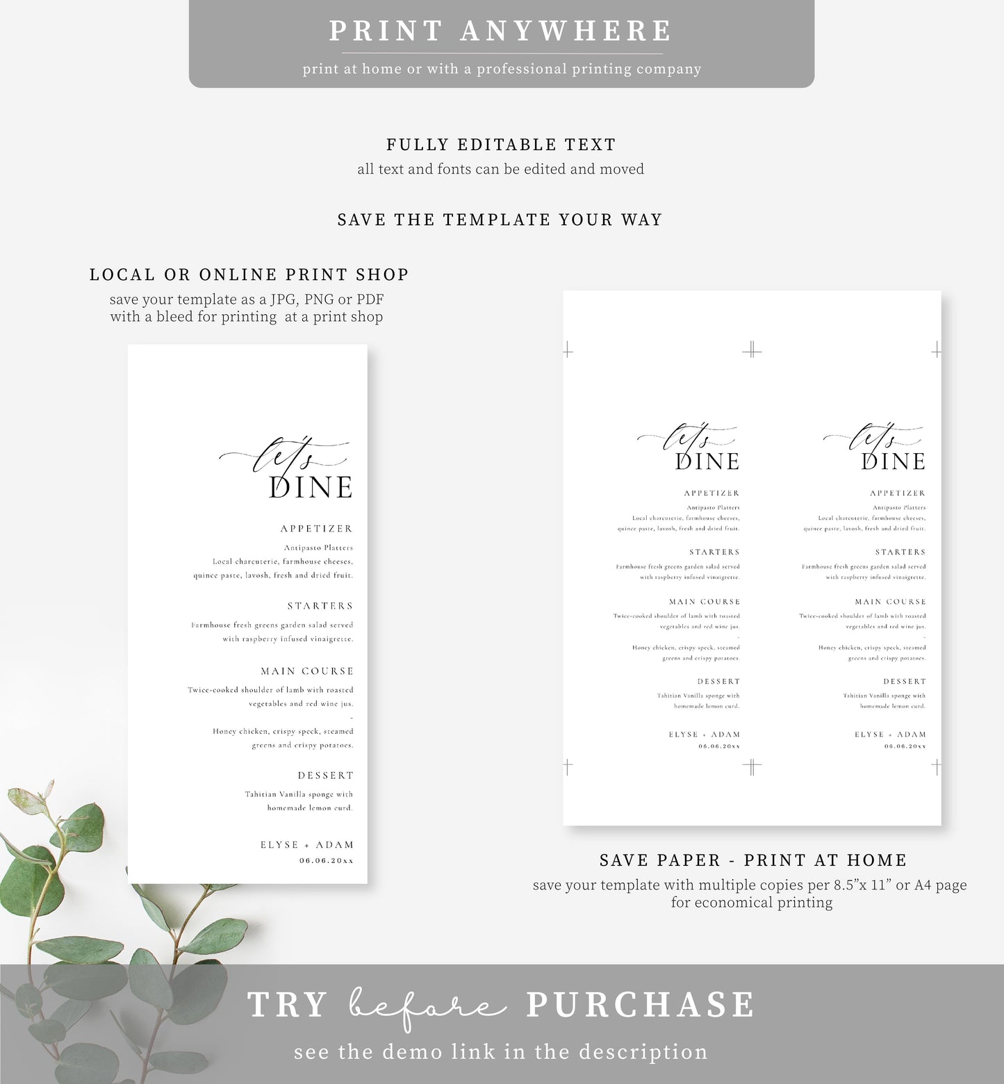 Ellesmere White | Printable Menu and Thank You Template