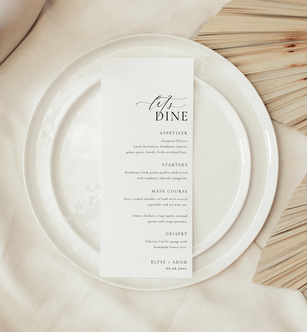 Ellesmere White | Printable Menu and Thank You Template – Black Bow Studio