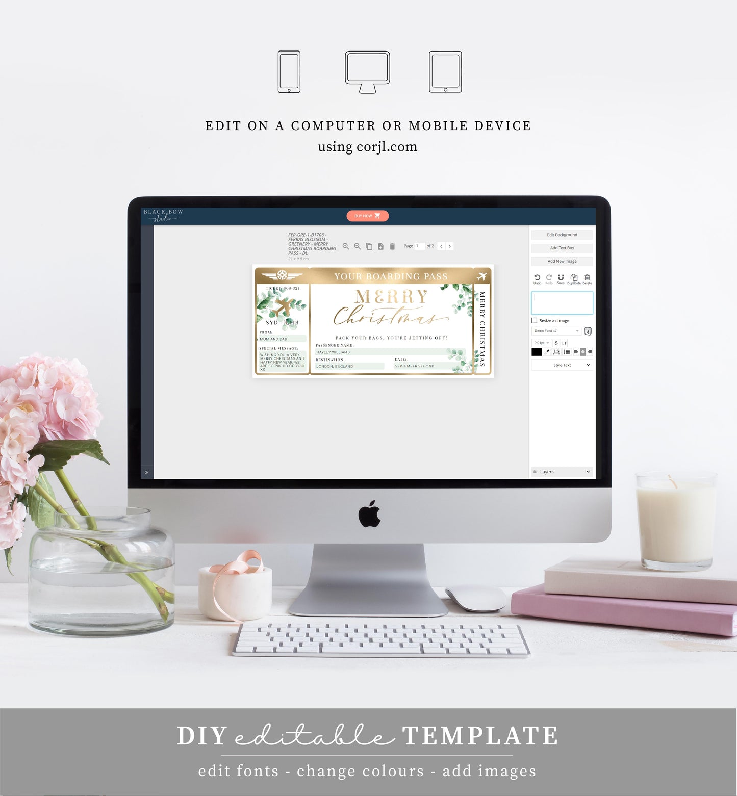 Ferras Blossom Greenery | Printable Christmas Boarding Pass Template