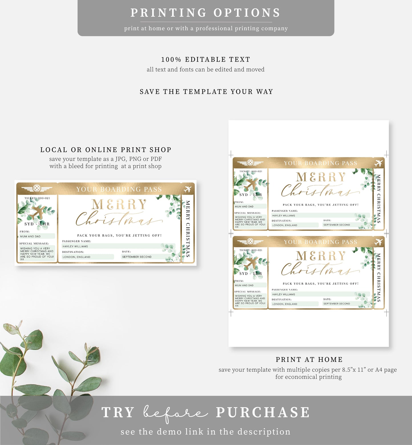 Ferras Blossom Greenery | Printable Christmas Boarding Pass Template