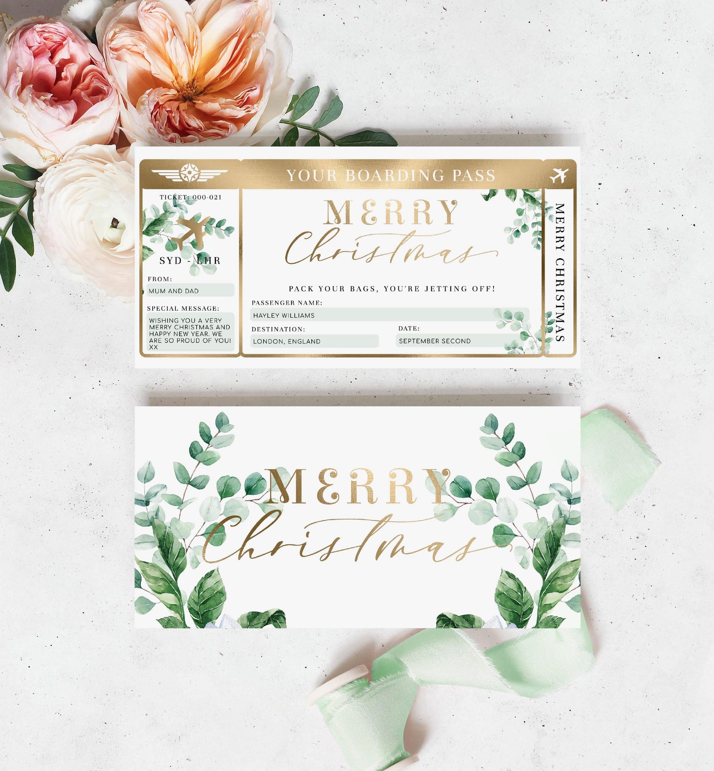 Ferras Blossom Greenery | Printable Christmas Boarding Pass Template