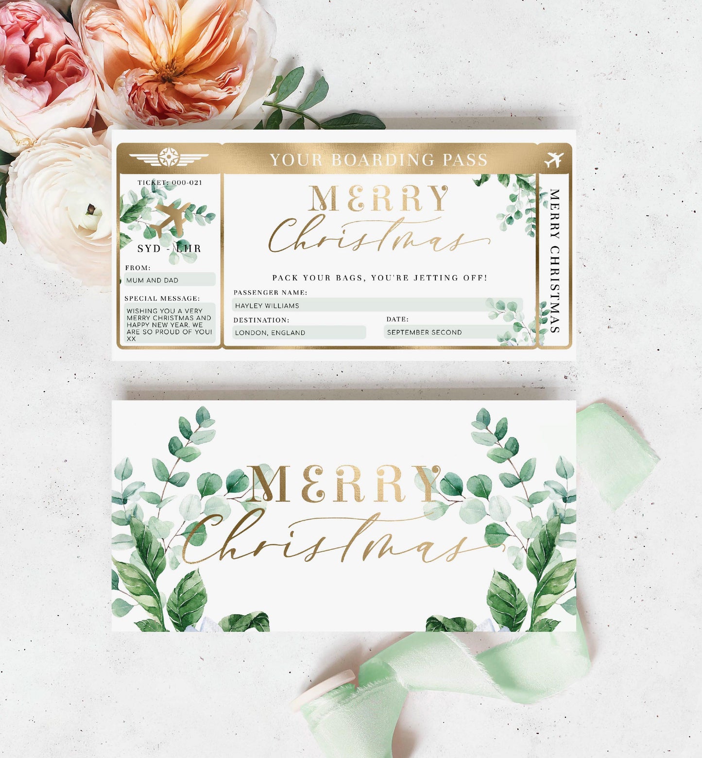 Ferras Blossom Greenery | Printable Christmas Boarding Pass Template