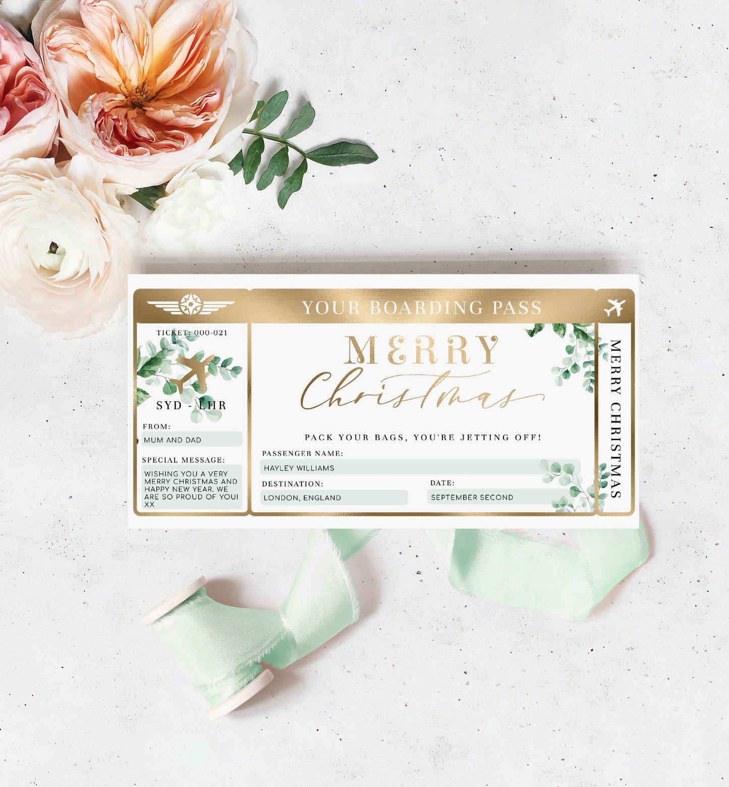 Ferras Blossom Greenery | Printable Christmas Boarding Pass Template