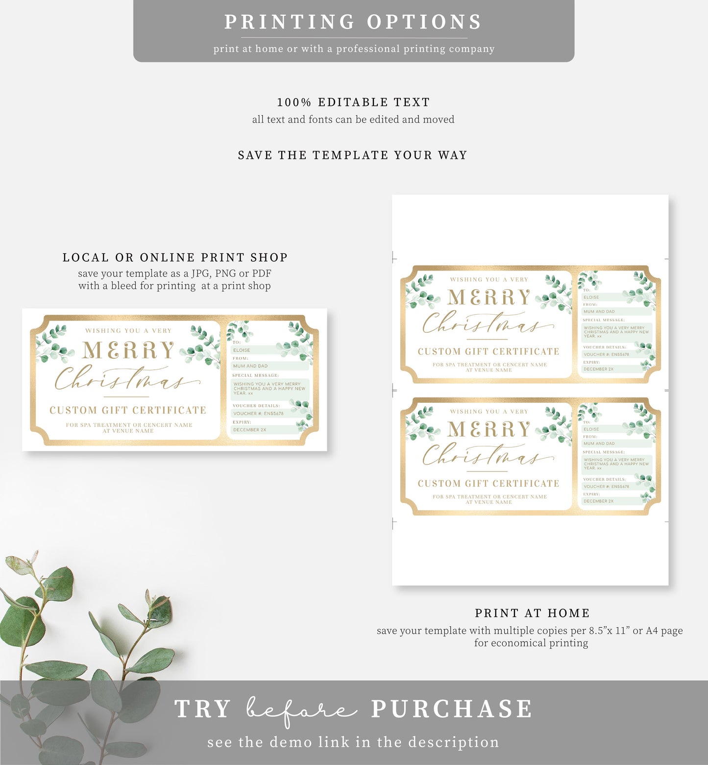 Ferras Greenery | Printable Christmas Custom Gift Voucher Template