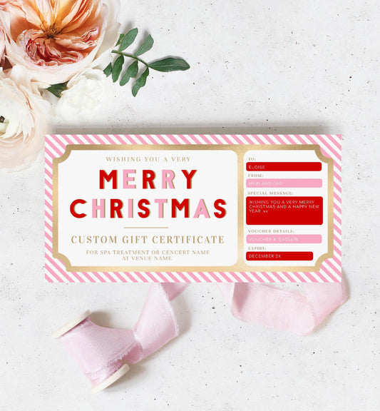 Stripe Red Pink | Printable Christmas Custom Gift Voucher