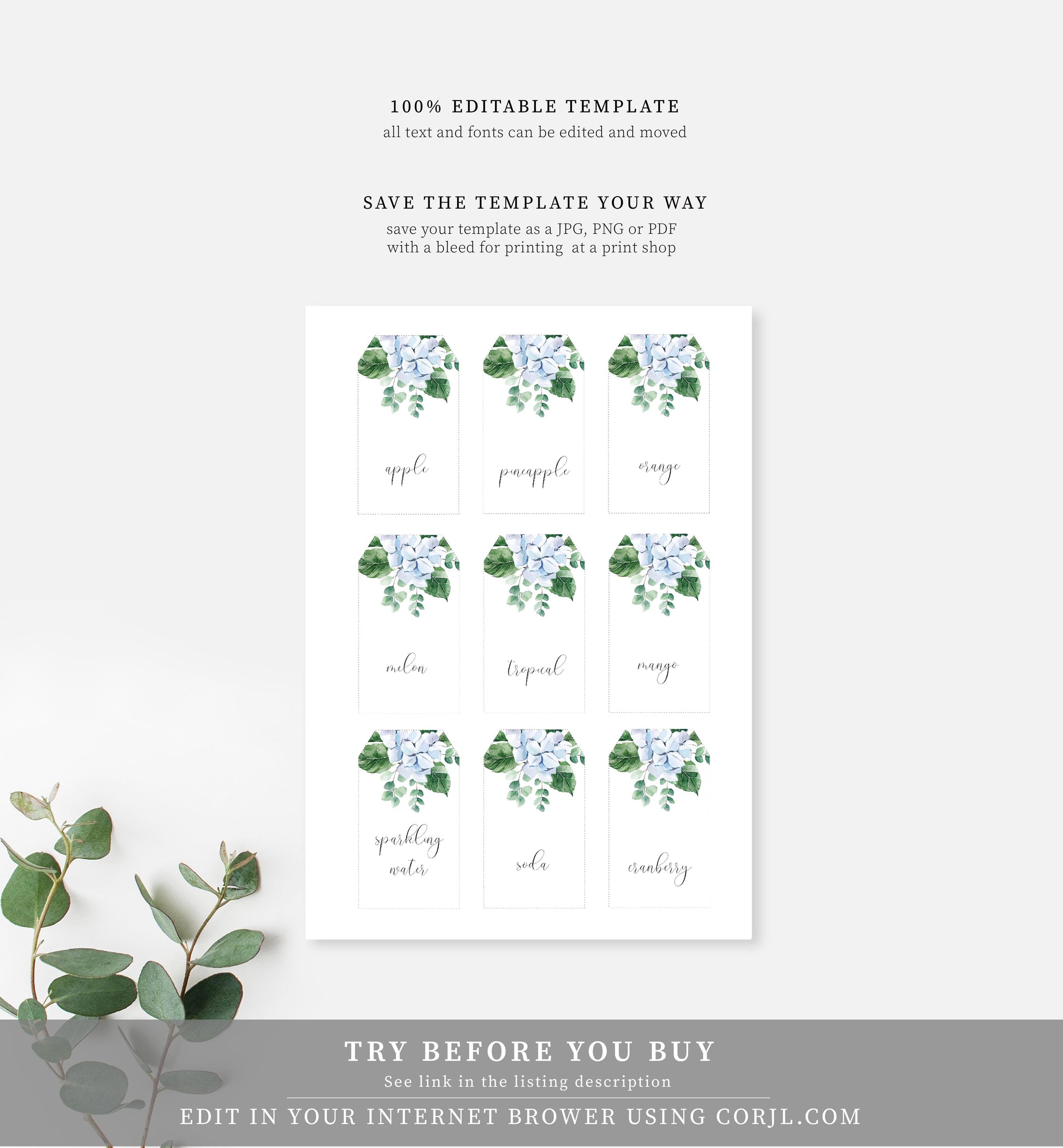 Ferras Blossom Blue | Printable Mimosa Bar Sign and Juice Tags - Black Bow Studio