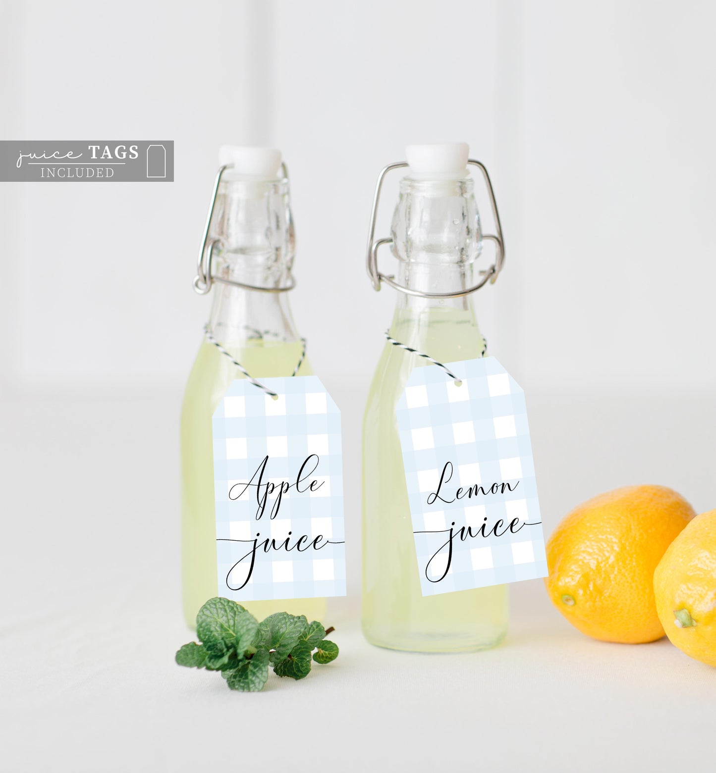 Gingham Blue | Printable Mimosa Bar Sign and Juice Tags