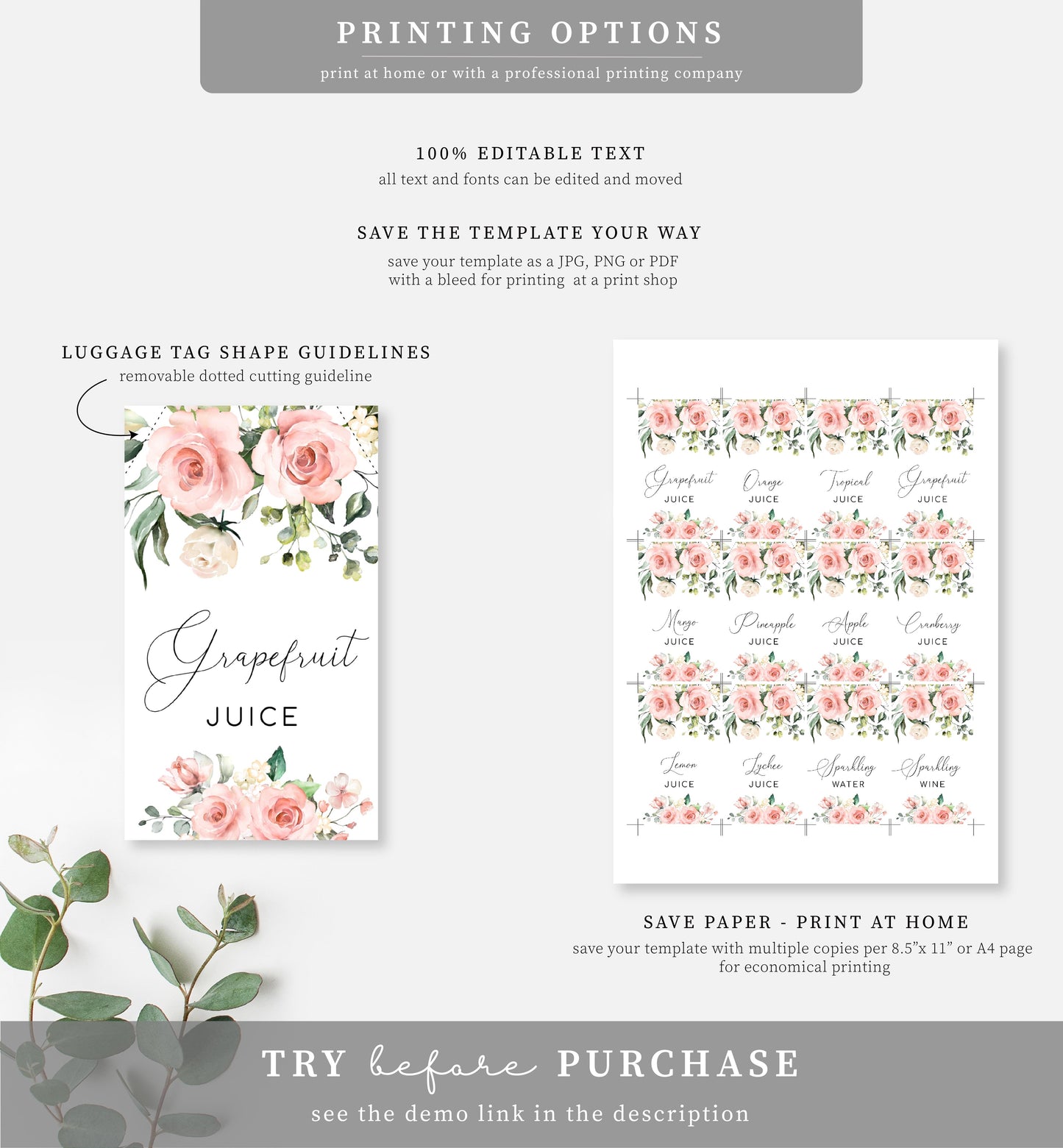 Darcy Floral Pink | Printable Mimosa Bar Sign and Juice Tags Template - Black Bow Studio