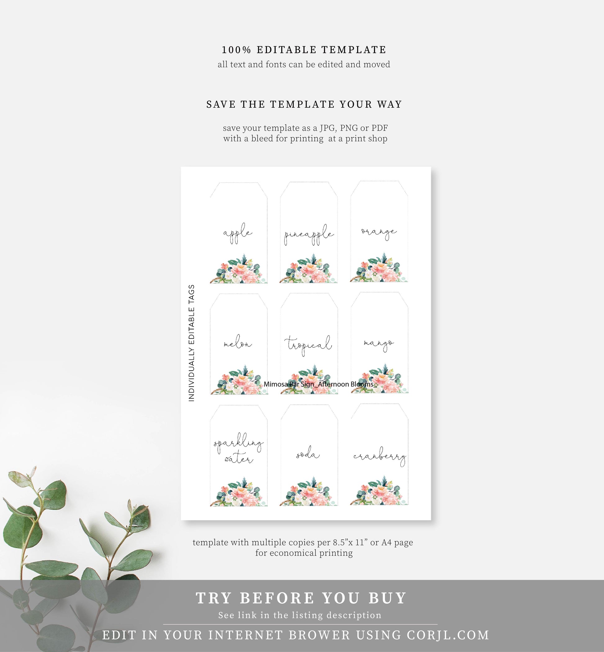 Afternoon Blooms | Printable Mimosa Bar Sign and Juice Tags Template - Black Bow Studio