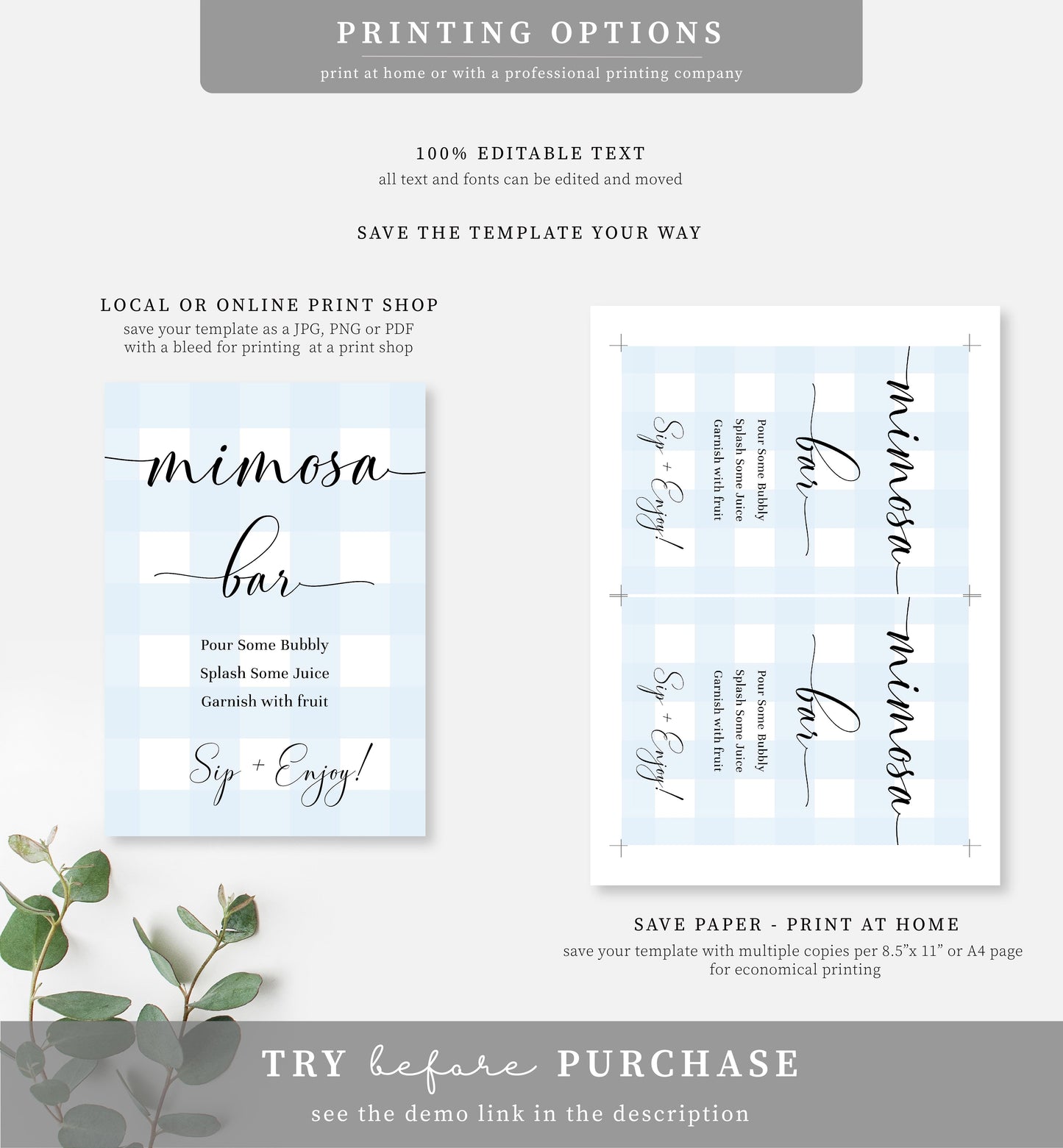 Gingham Blue | Printable Mimosa Bar Sign and Juice Tags