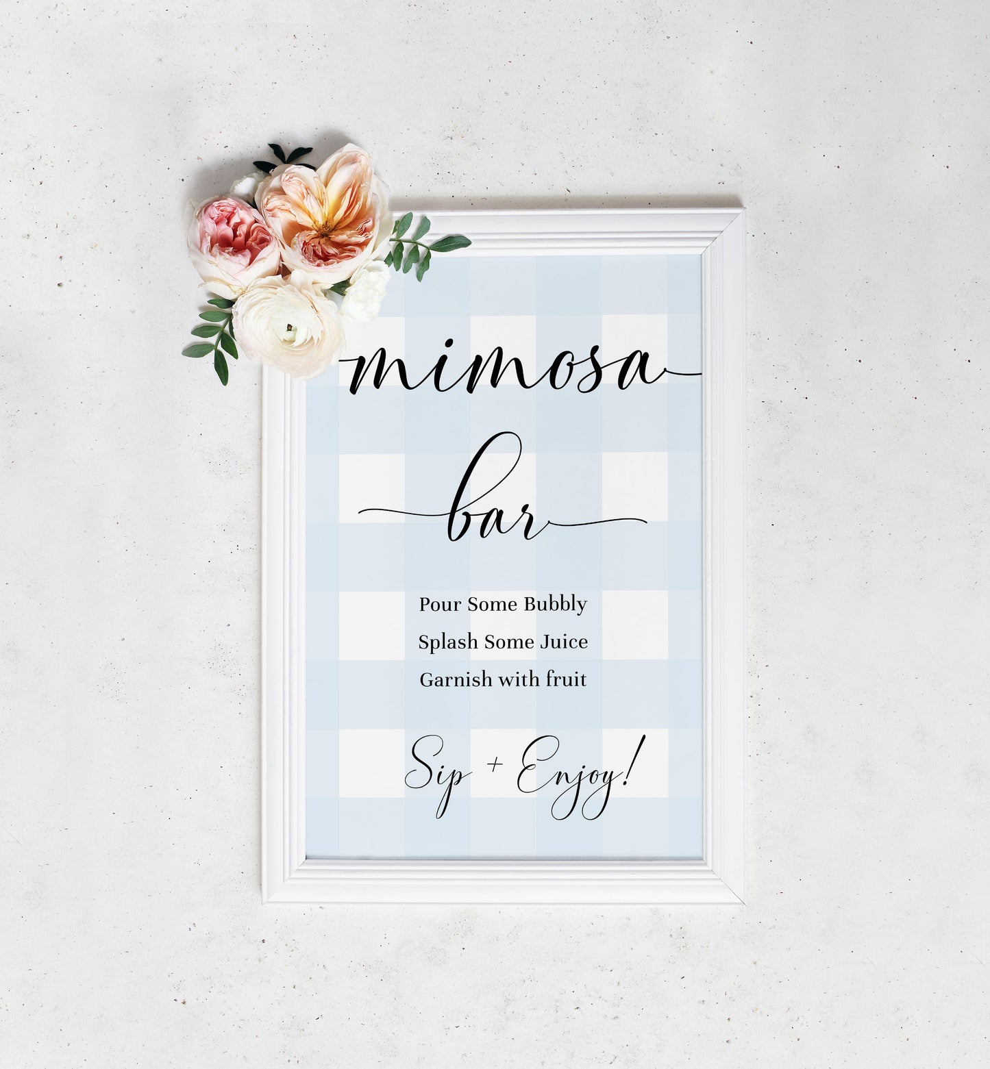 Gingham Blue | Printable Mimosa Bar Sign and Juice Tags Template