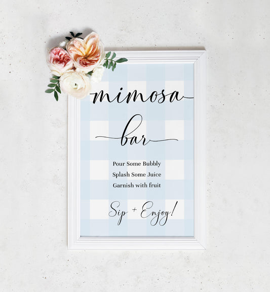 Gingham Blue | Printable Mimosa Bar Sign and Juice Tags Template