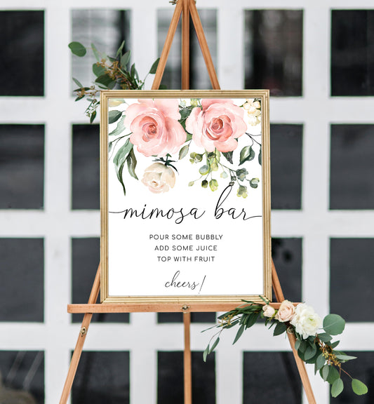 Darcy Floral Pink | Printable Mimosa Bar Sign and Juice Tags Template - Black Bow Studio