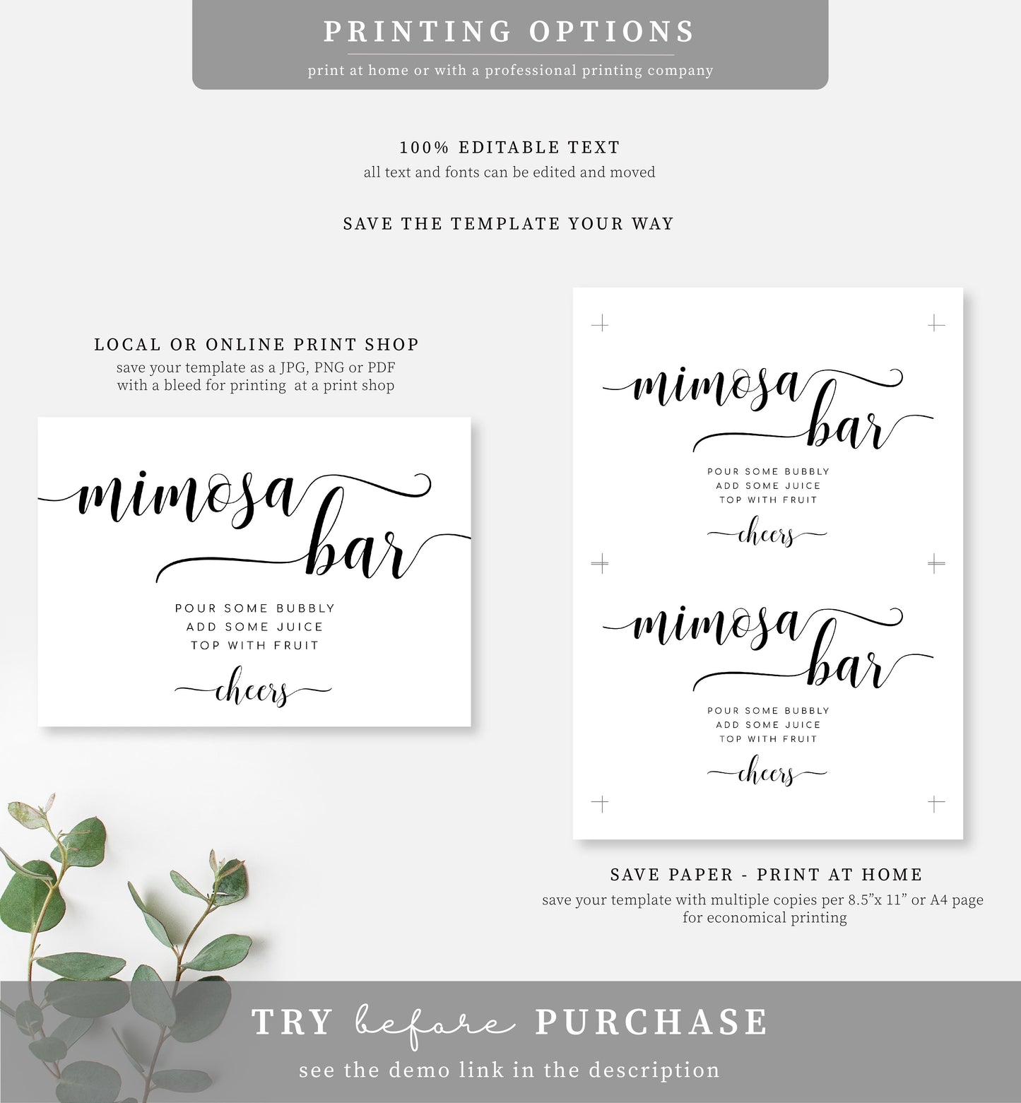 Leyton Script | Printable Mimosa Bar Sign and Juice Tags Template