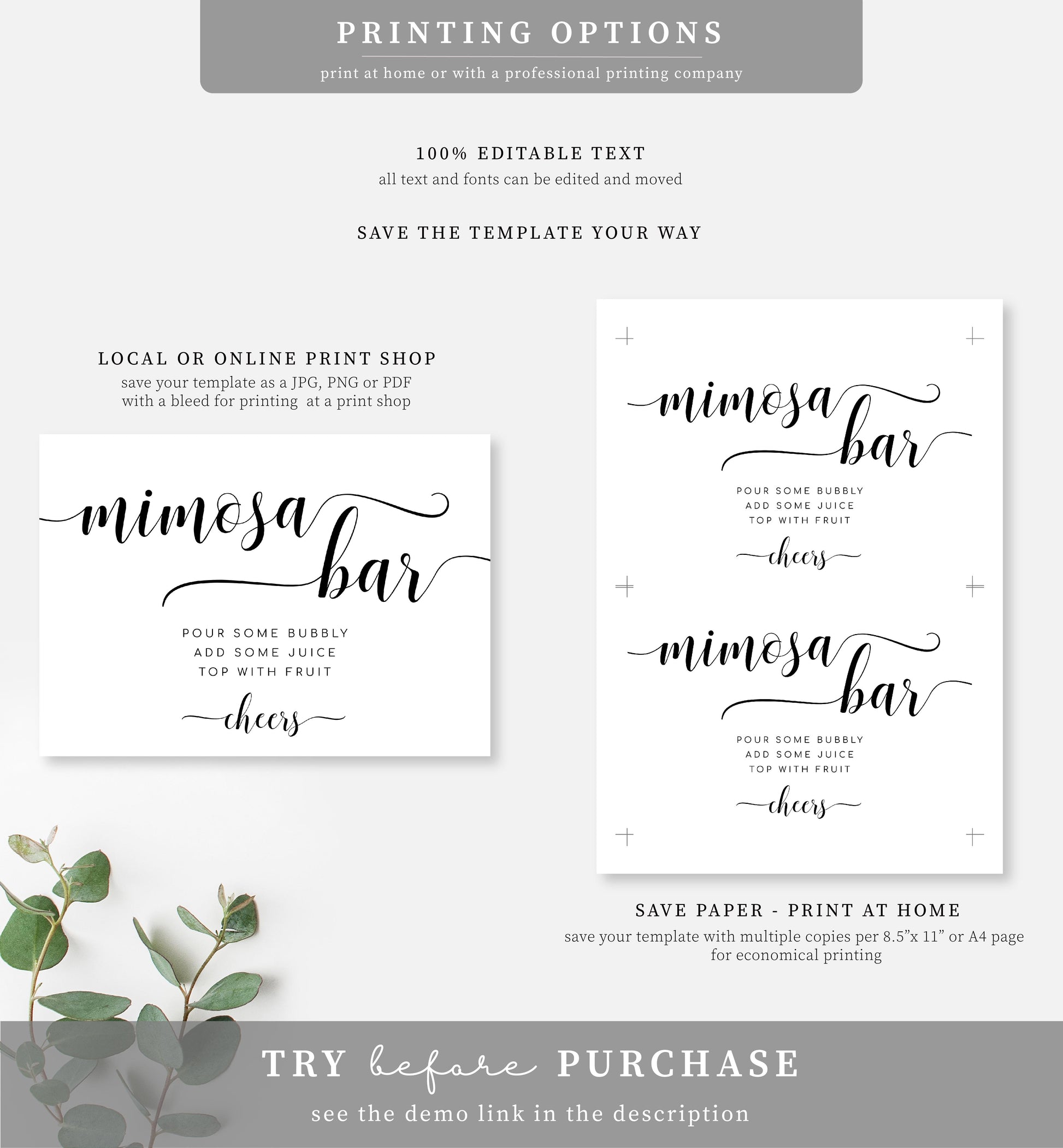 Mimosa Bar Sign Print Black and White Minimalist Wedding Signage