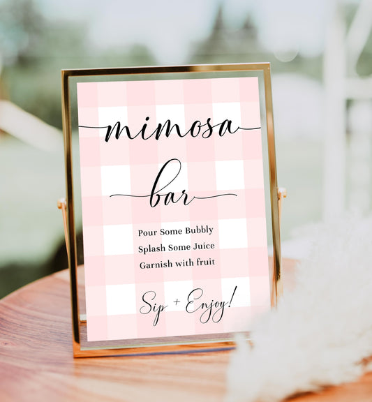 Gingham Pink | Printable Mimosa Bar Sign and Juice Tags