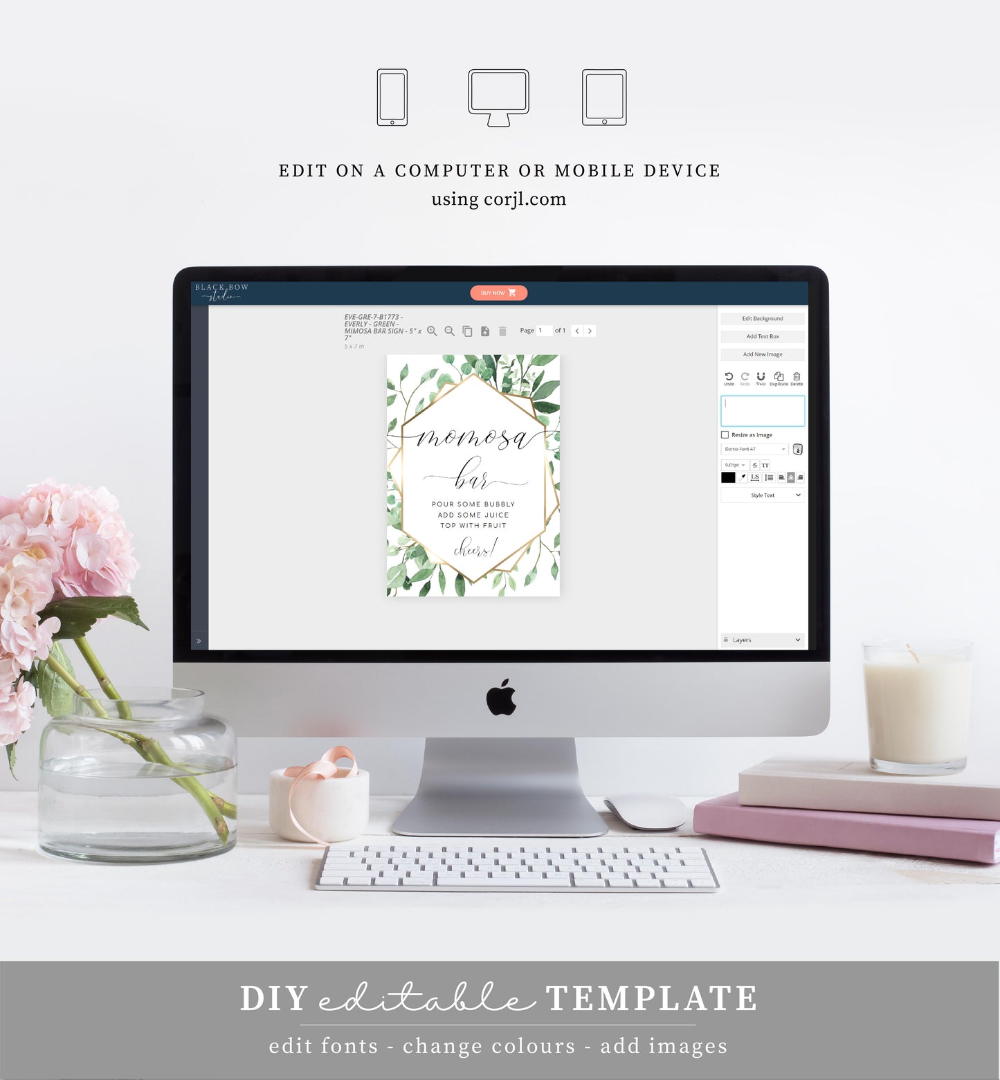 Everly Greenery | Printable Momosa Bar Sign and Juice Tags Template
