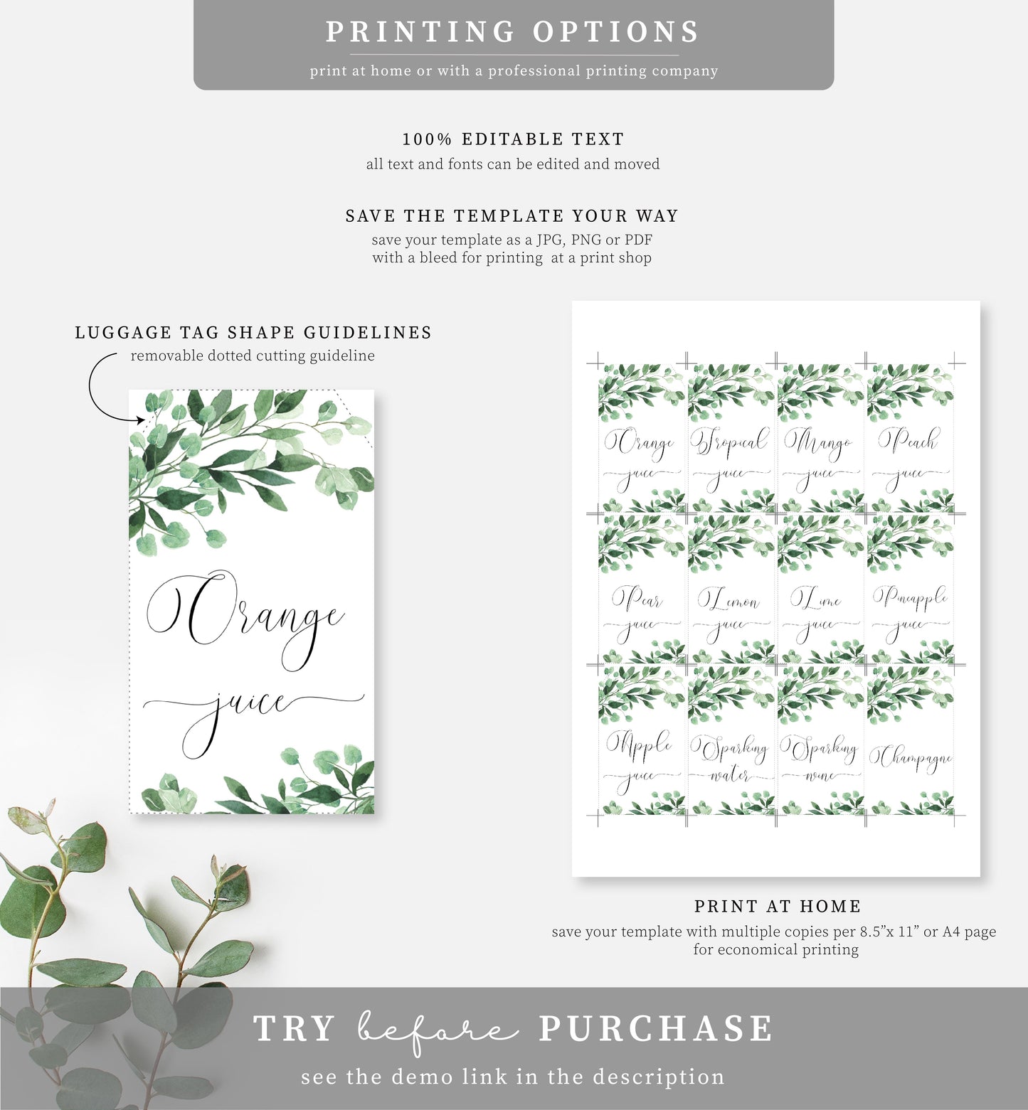 Everly Greenery | Printable Momosa Bar Sign and Juice Tags Template