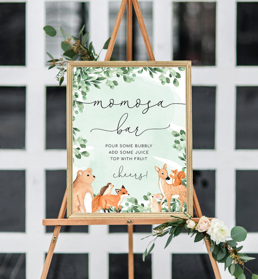 Woodland Animals Green | Printable Mimosa Bar Sign and Juice Tags