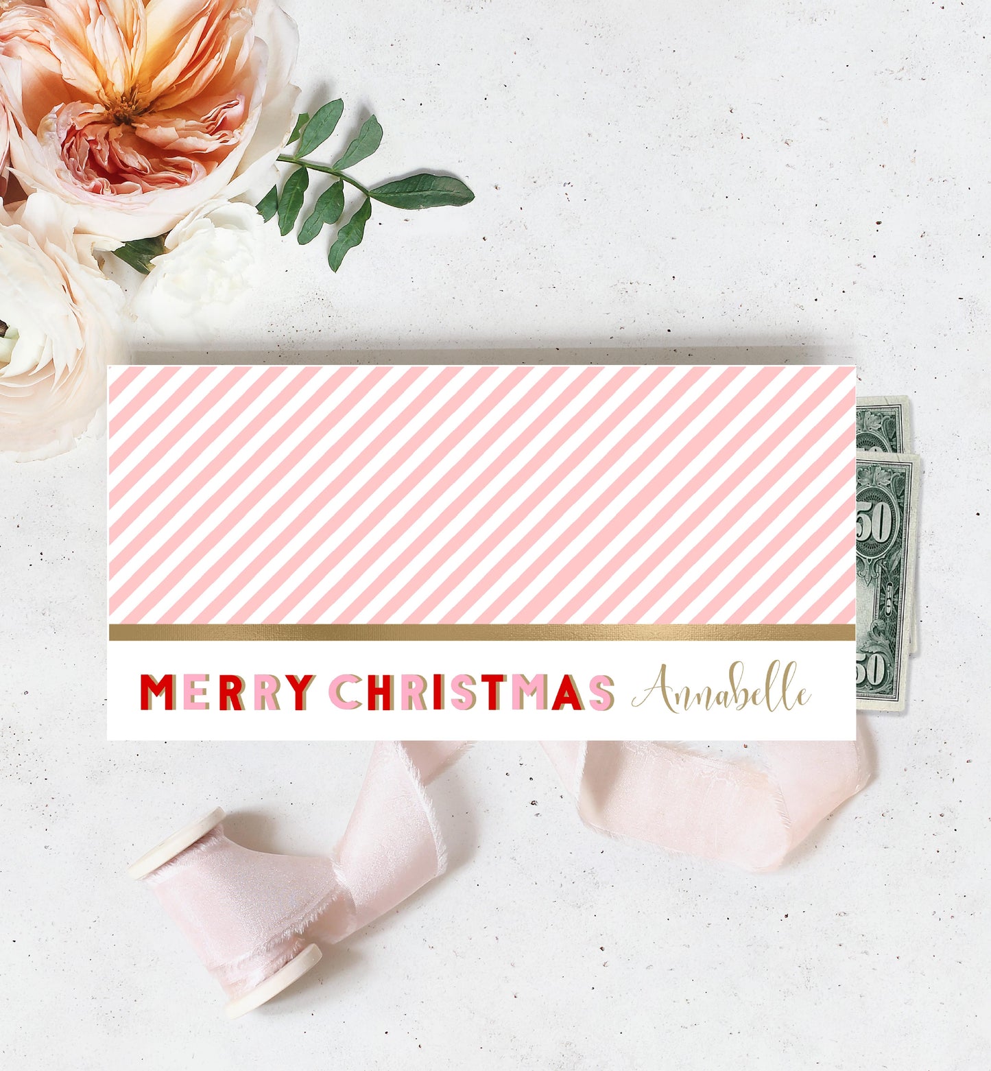 Stripe Pink | Printable Christmas Money Wallet Template