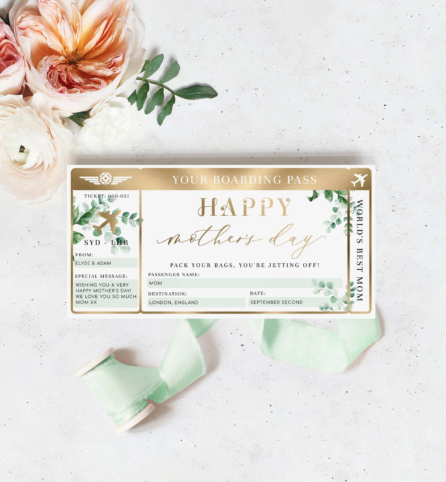 Ferras Green | Printable Mother's Day Custom Boarding Pass Template