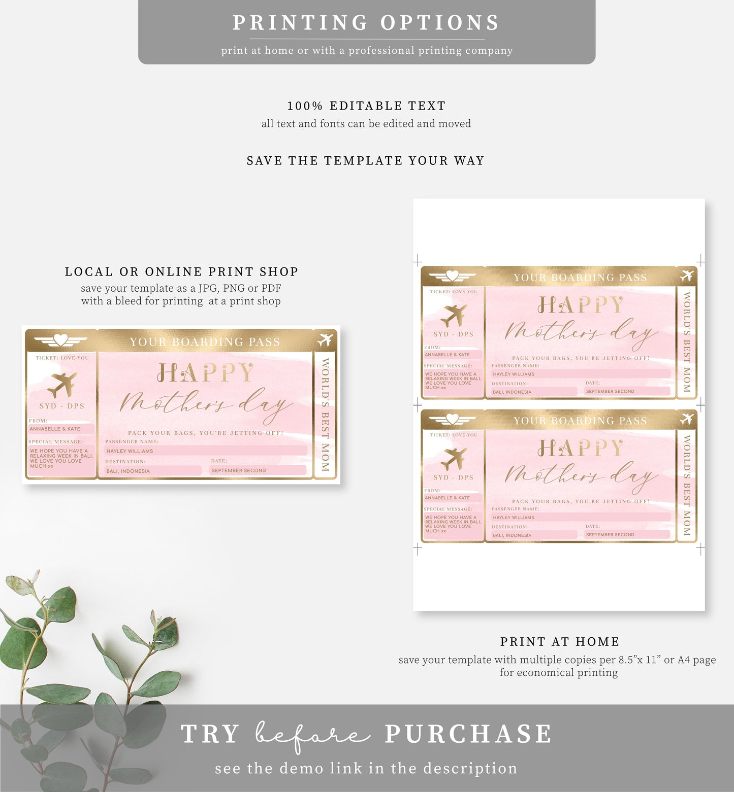 Watercolour Pink | Printable Mother's Day Custom Boarding Pass