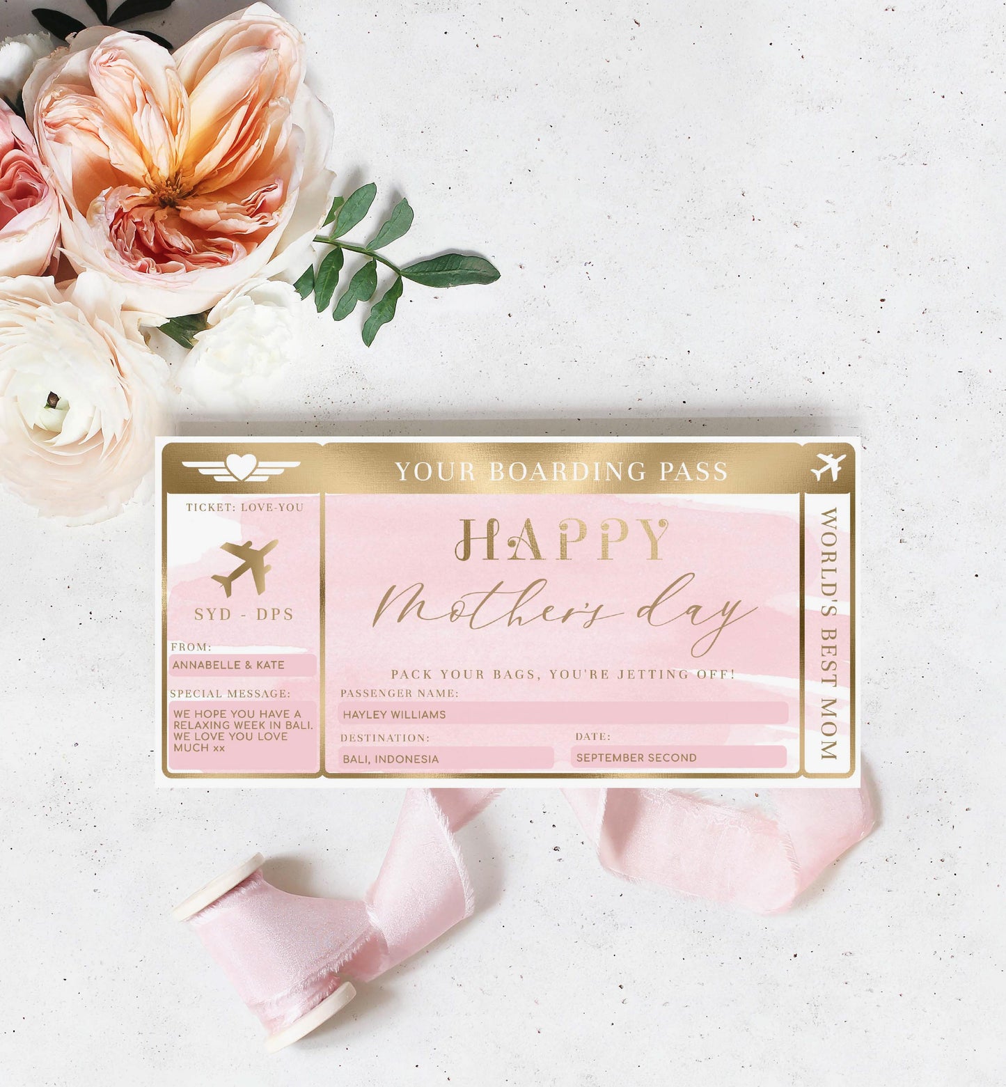 Watercolour Pink | Printable Mother's Day Custom Boarding Pass