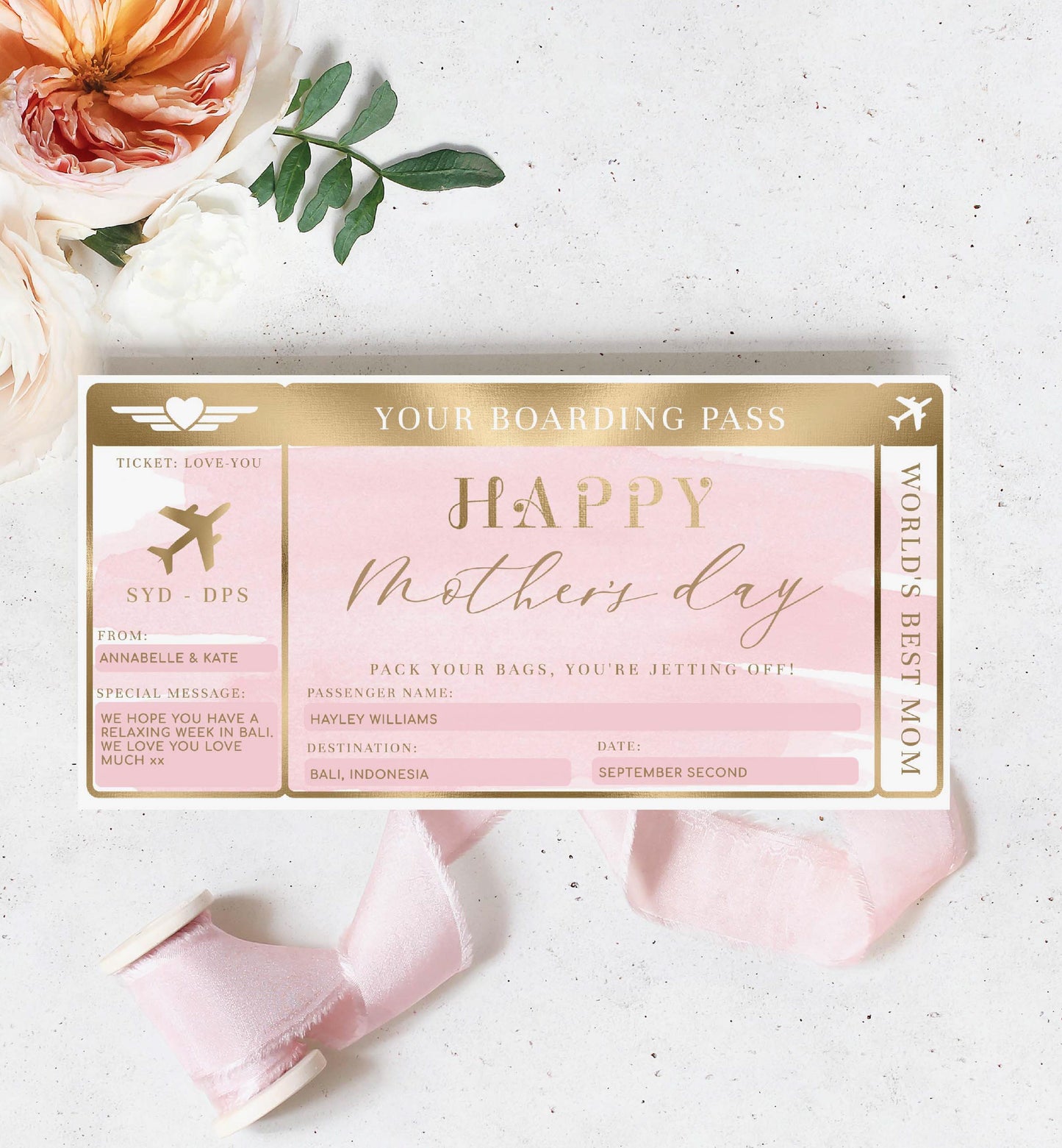 Watercolour Pink | Printable Mother's Day Custom Boarding Pass