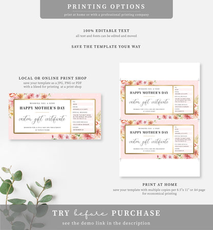Quinn Floral Pink | Printable Mother's Day Custom Gift Voucher