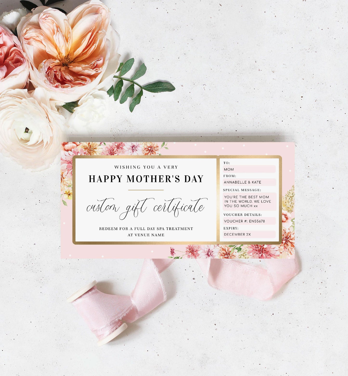 Quinn Floral Pink | Printable Mother's Day Custom Gift Voucher