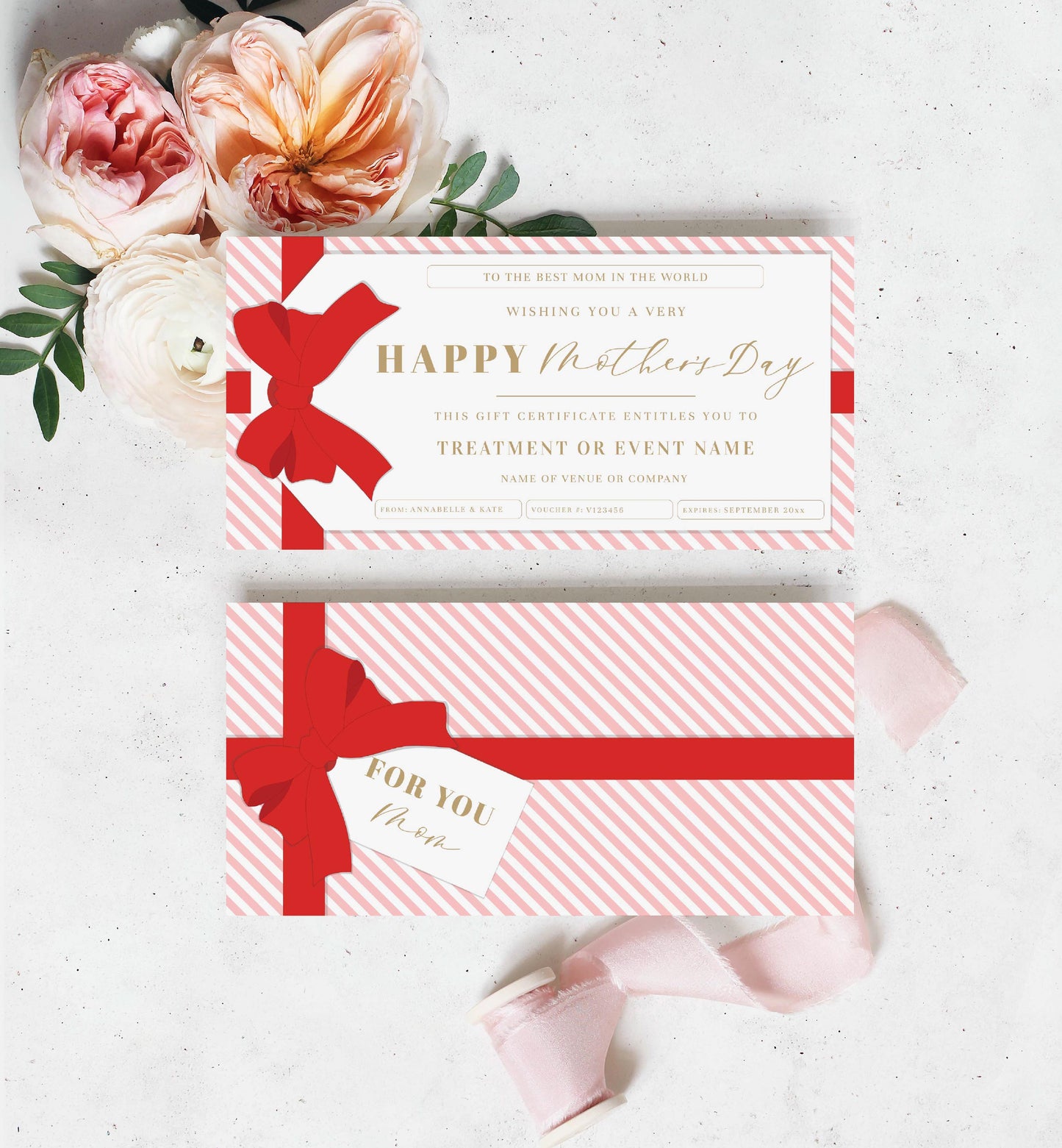 Stripe Pink Red | Printable Mother's Day Custom Gift Voucher