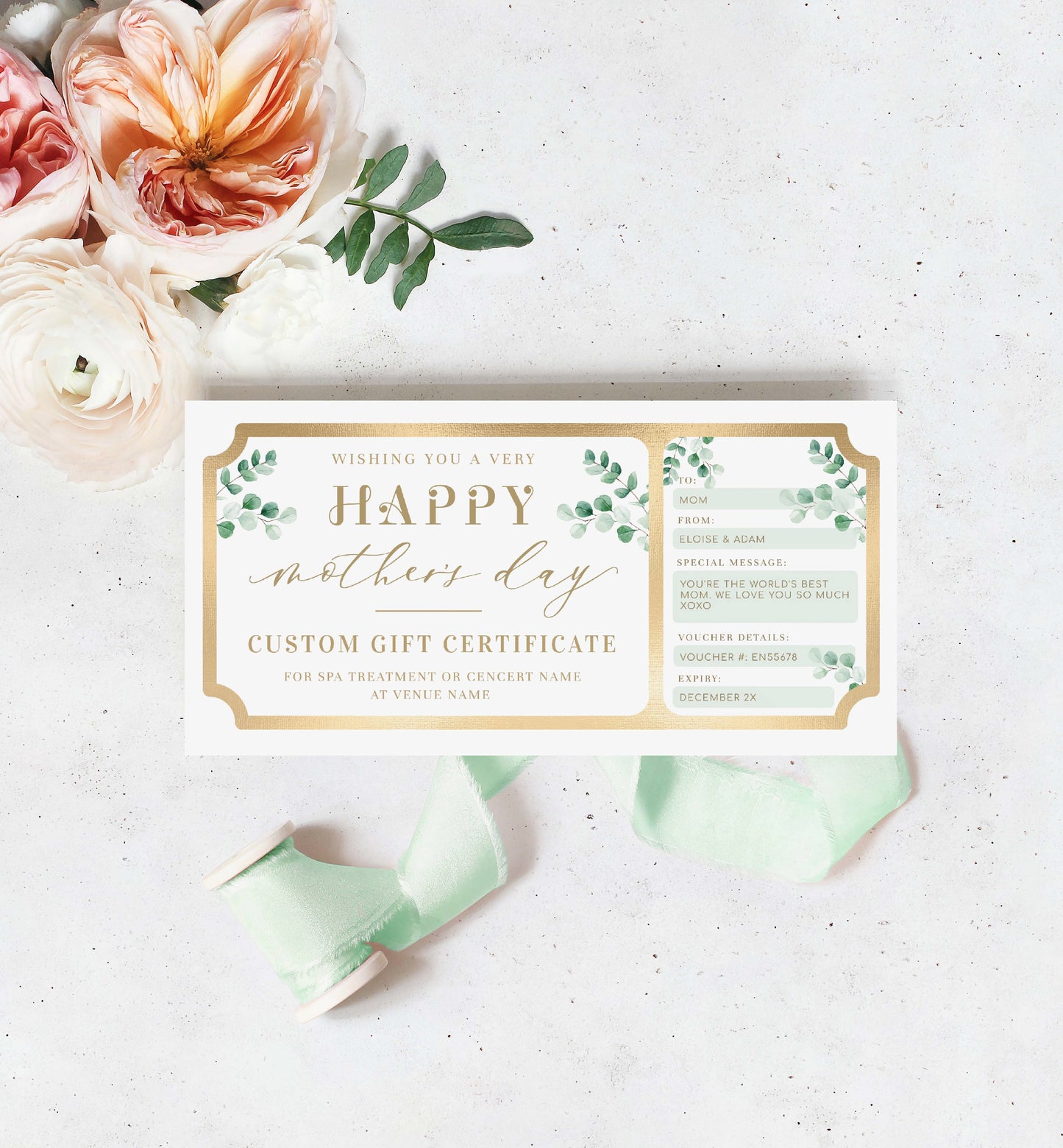 Ferras Green | Printable Mother's Day Custom Gift Voucher Template