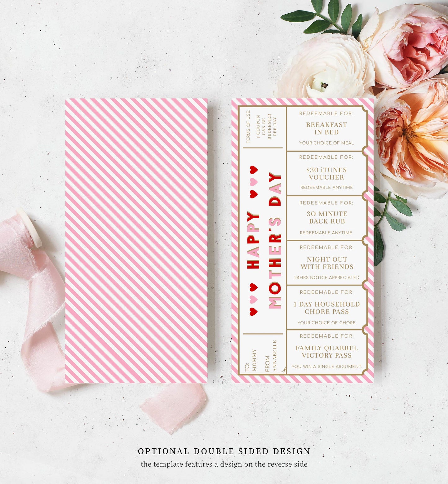 Stripe Red Pink | Printable Mother's Day Custom Love Coupons