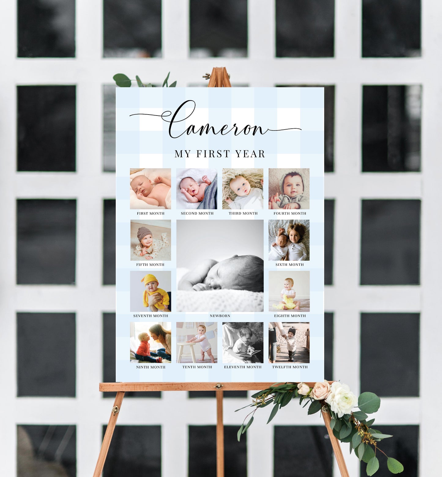 Gingham Blue | Printable My First Year Photo Timeline Sign Template