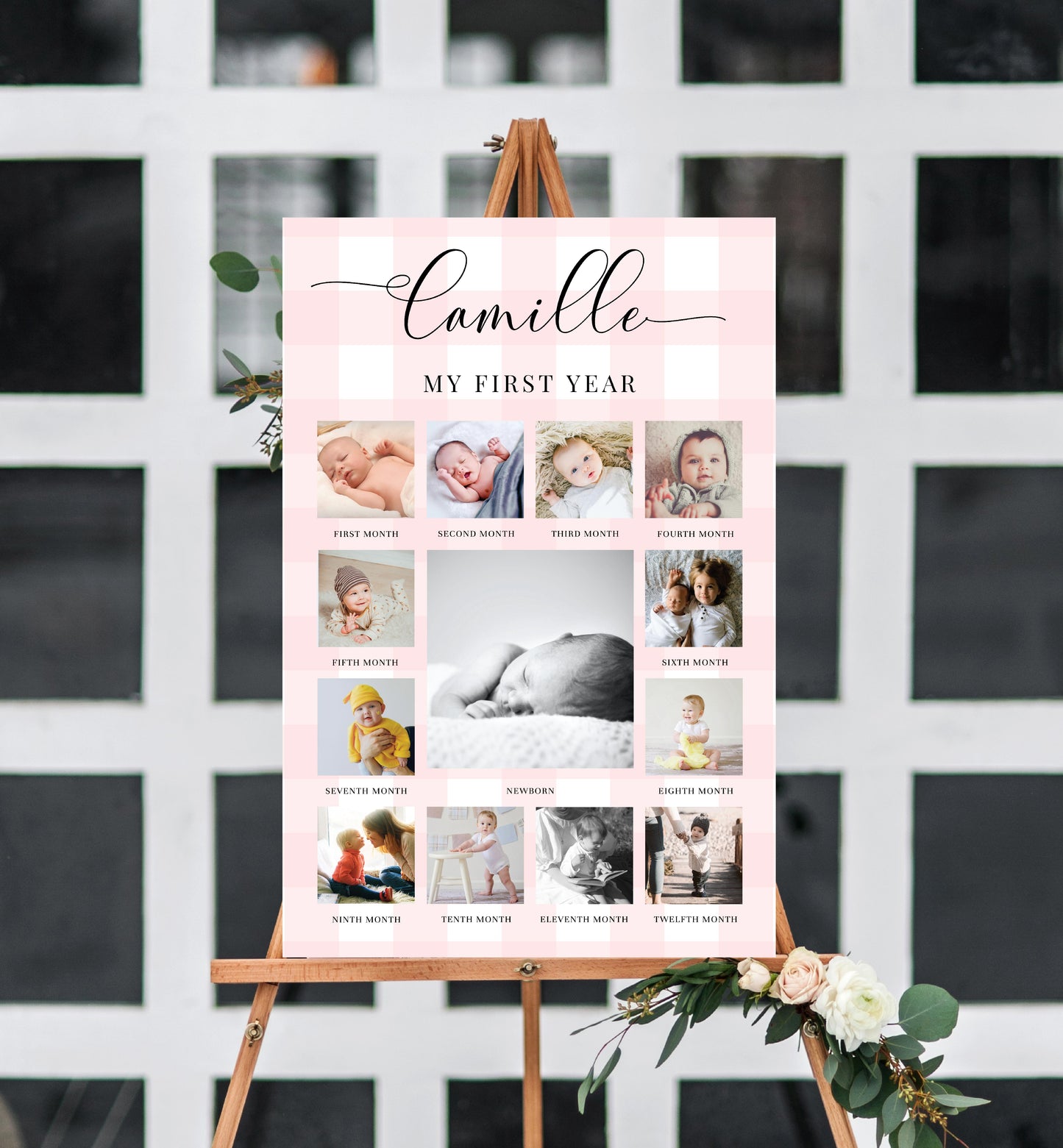 Gingham Pink | Printable My First Year Photo Timeline Sign Template