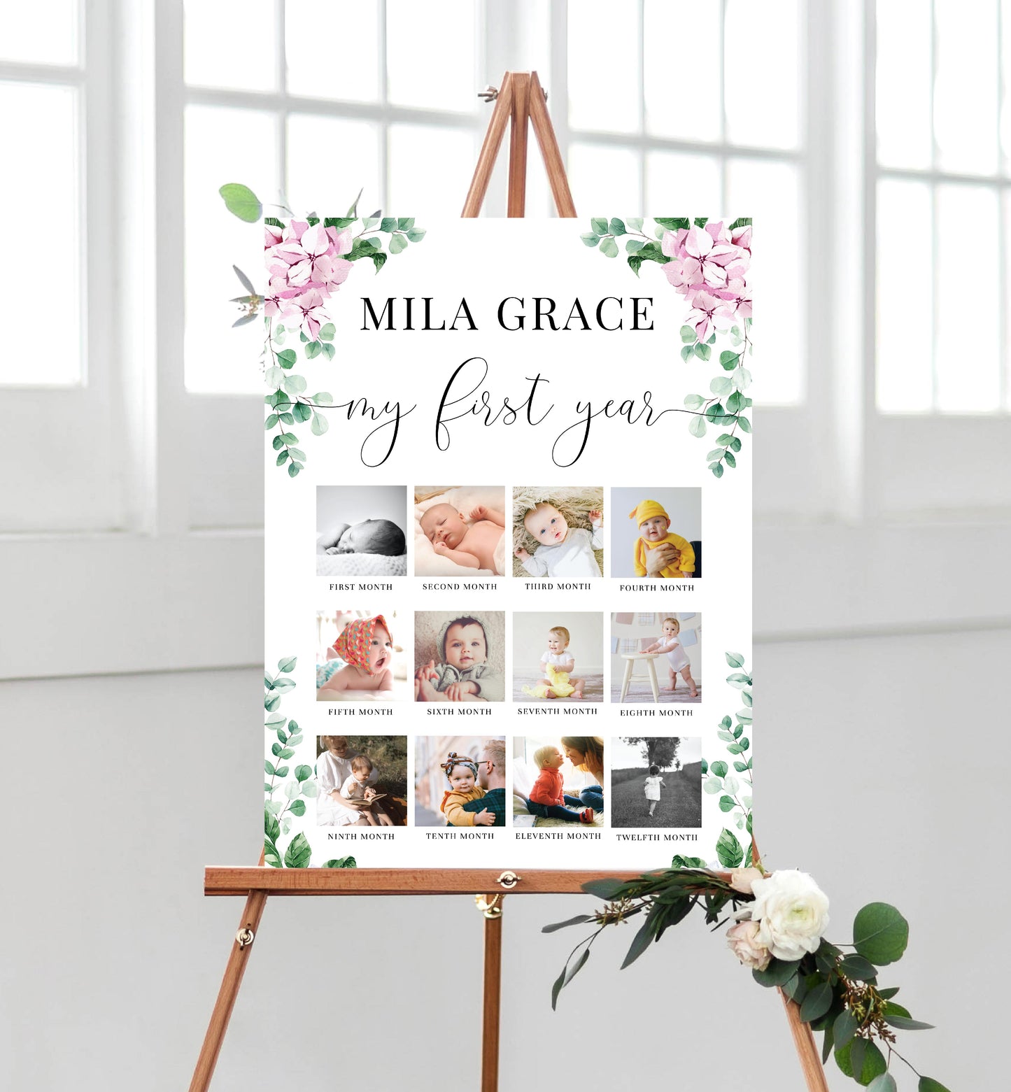 Ferras Blossom Pink | Printable My First Year Photo Timeline Sign Template