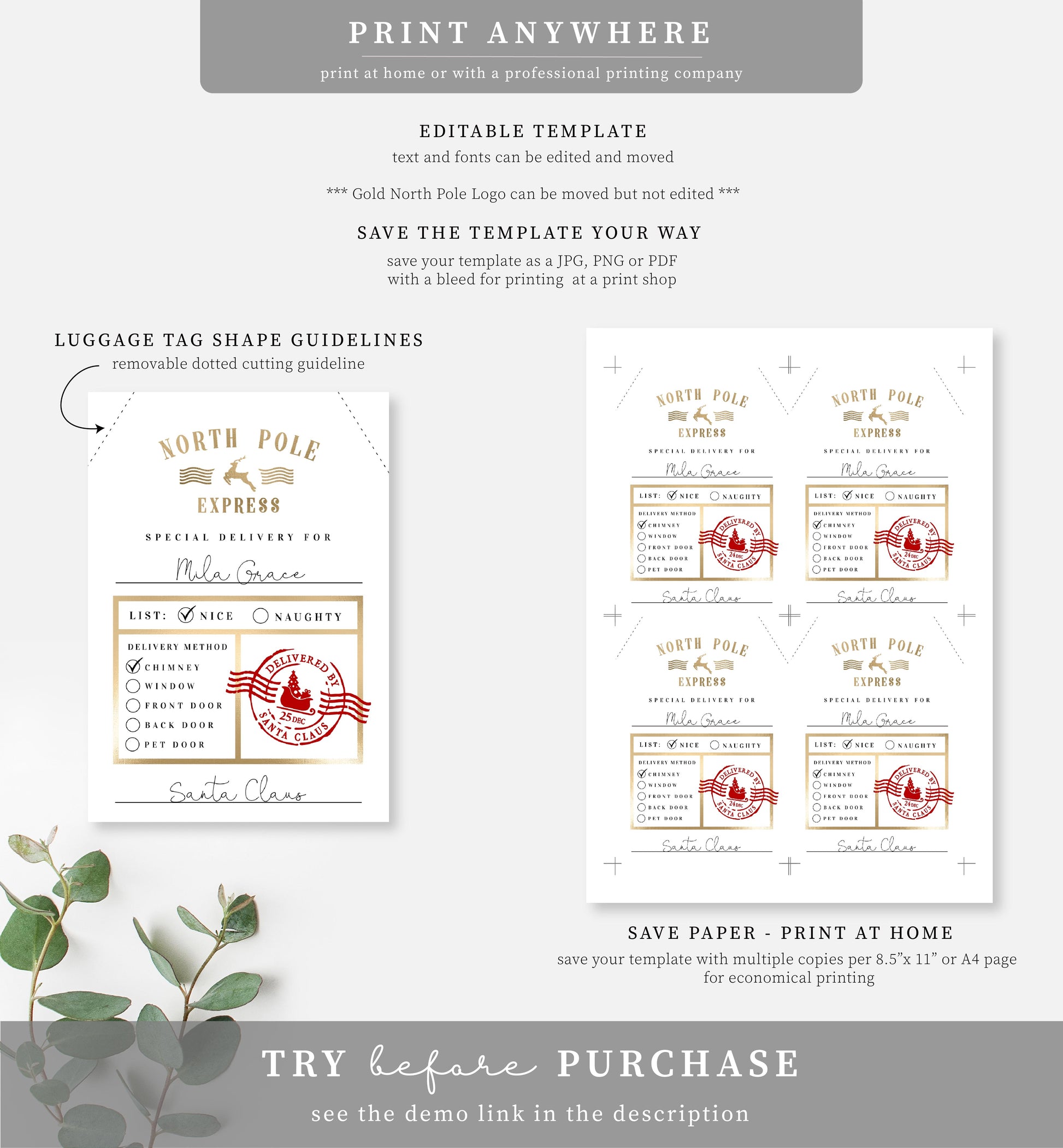 North Pole Express White | Printable Christmas Gift Tag Template - Black Bow Studio