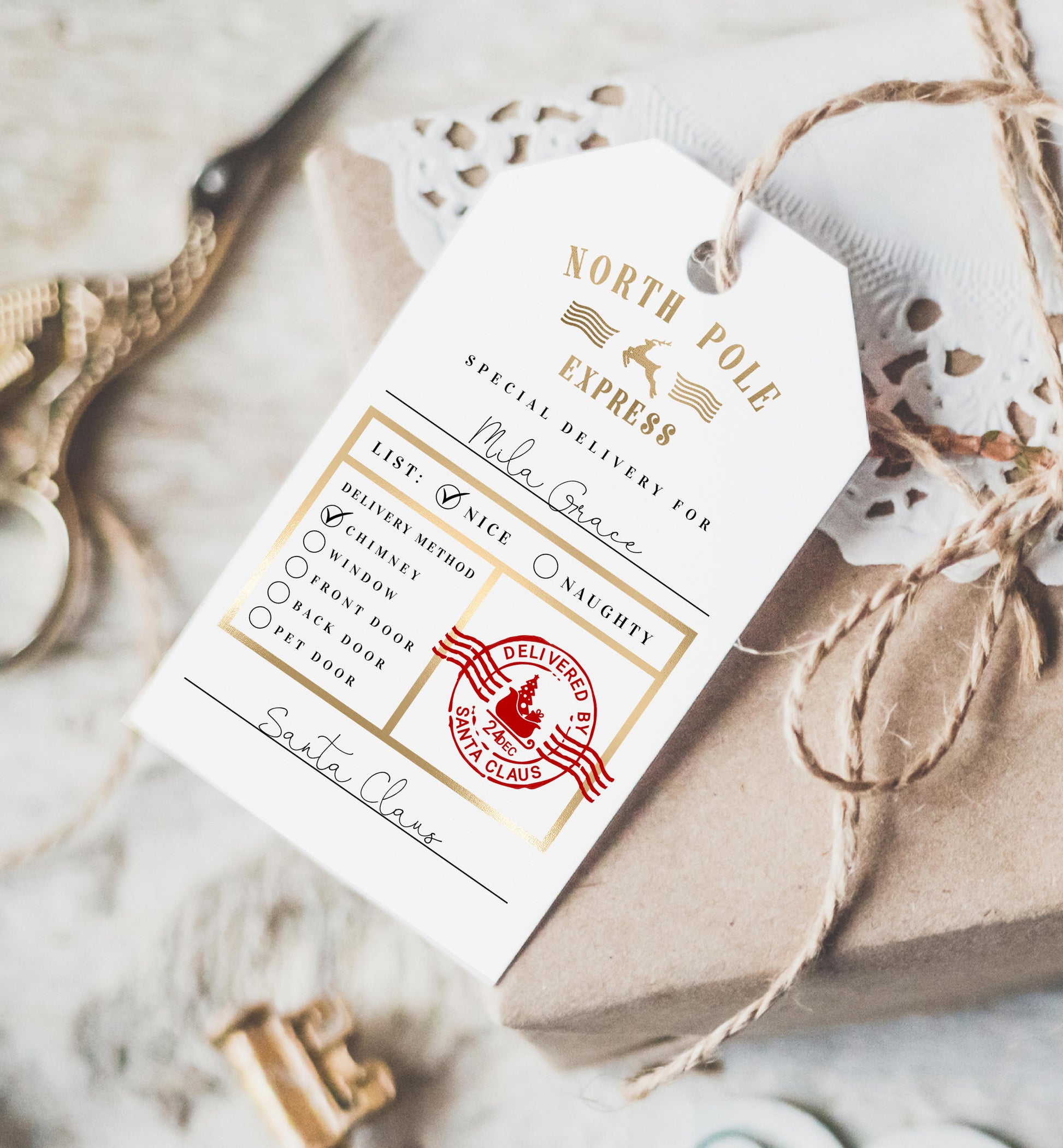 North Pole Express White | Printable Christmas Gift Tag Template - Black Bow Studio