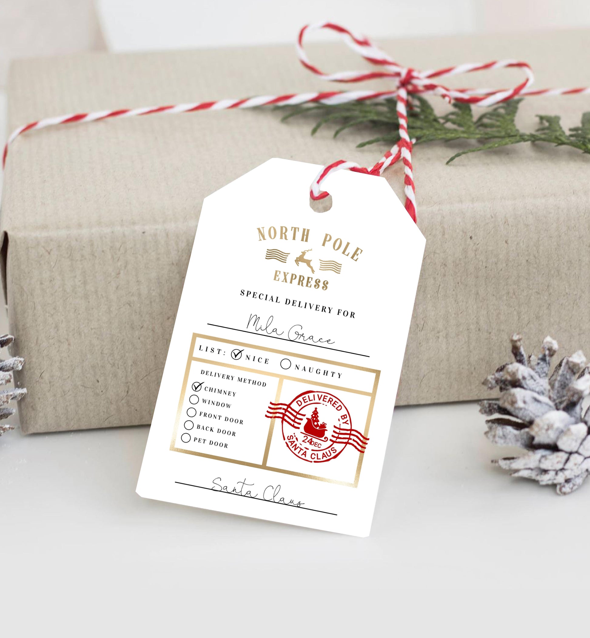 North Pole Express White | Printable Christmas Gift Tag Template - Black Bow Studio