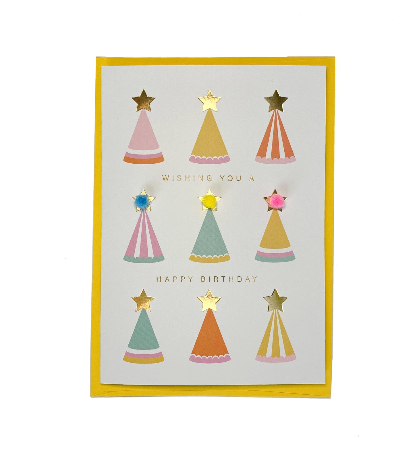 Party Hat Pom Poms Multi Gold | Birthday Greeting Card
