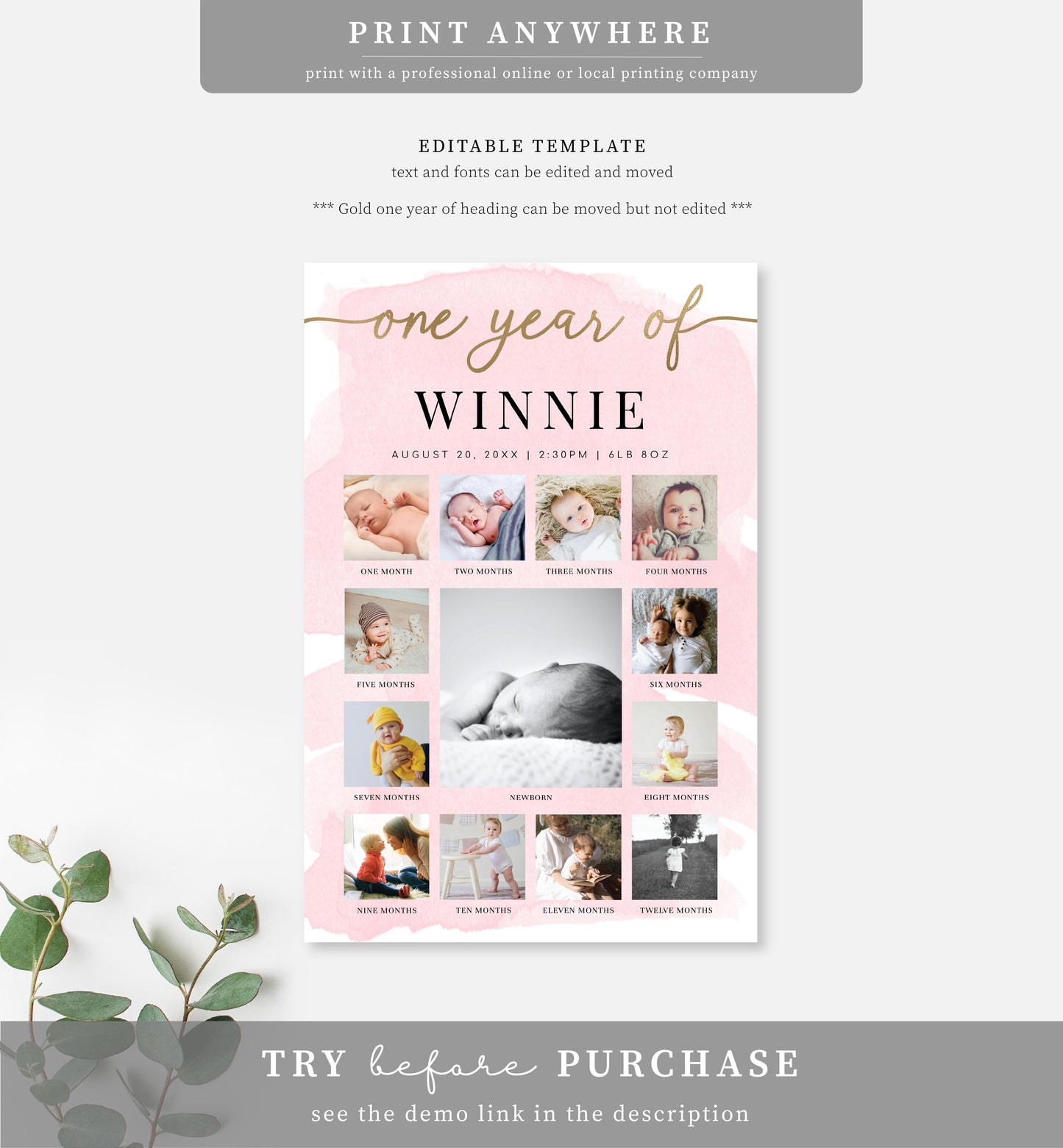 Watercolour Pink | Printable My First Year Photo Timeline Sign Template