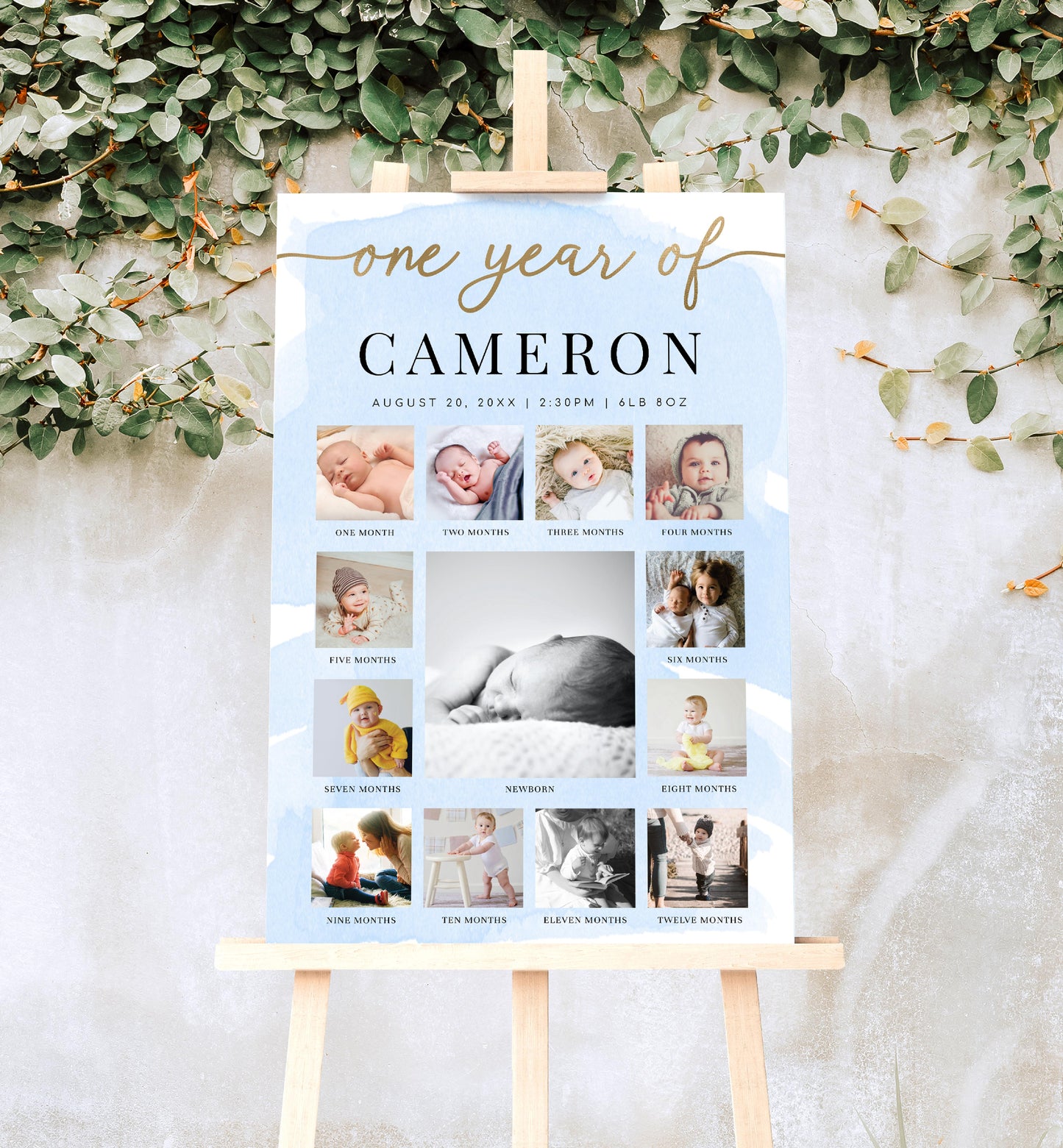 Watercolour Blue | Printable My First Year Photo Timeline Sign Template