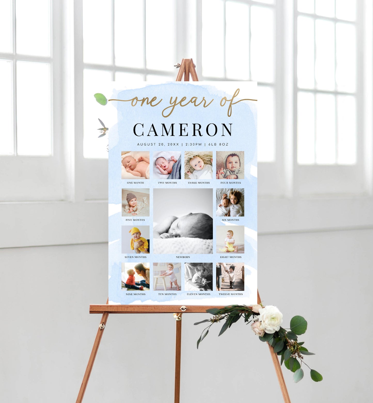 Watercolour Blue | Printable My First Year Photo Timeline Sign Template