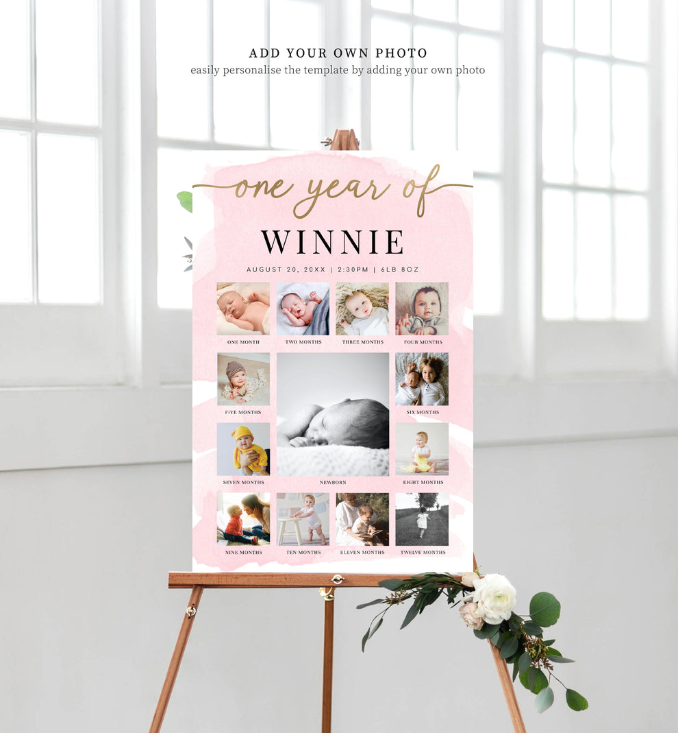 Watercolour Pink | Printable My First Year Photo Timeline Sign Templat ...