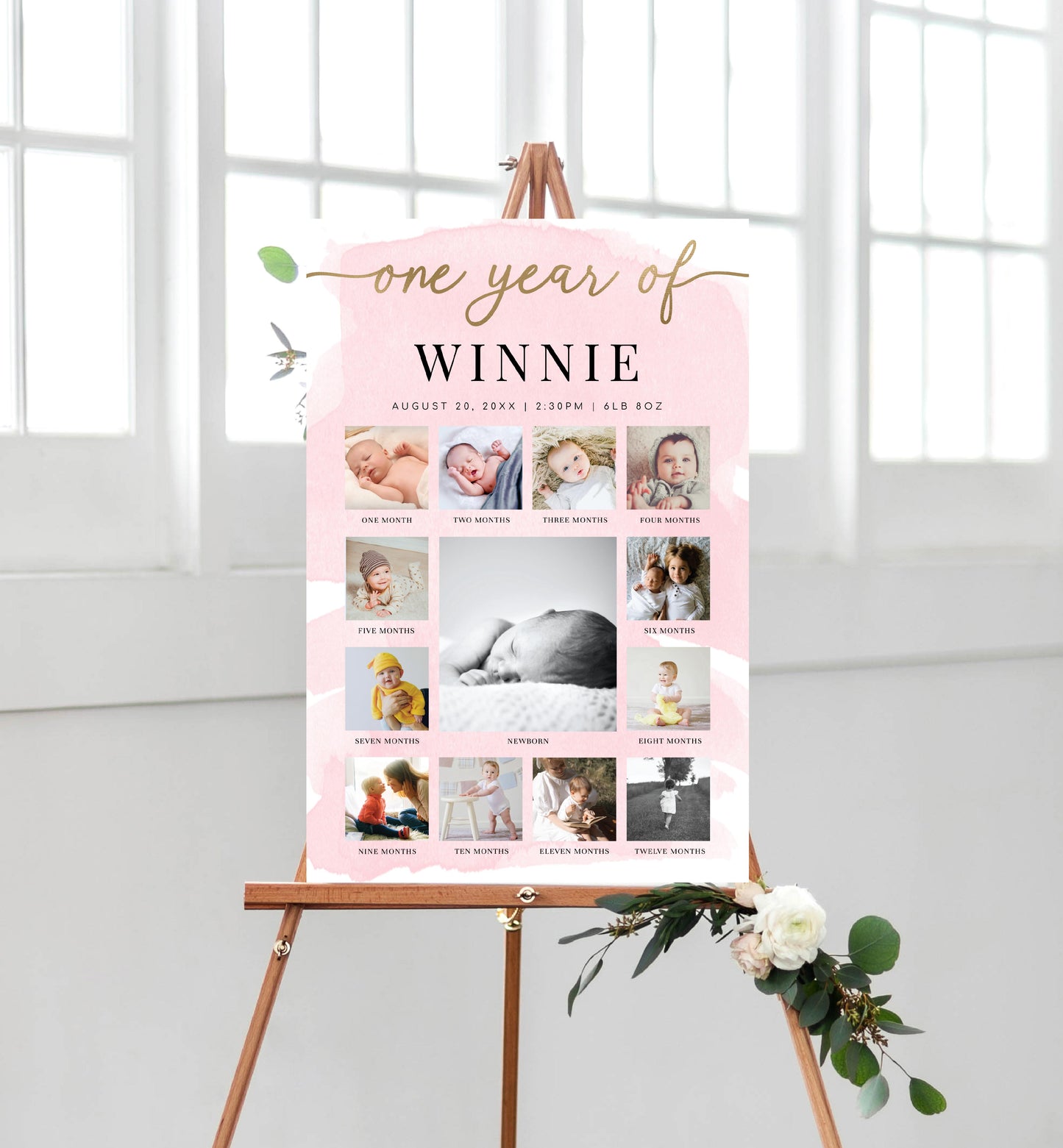 Watercolour Pink | Printable My First Year Photo Timeline Sign Template