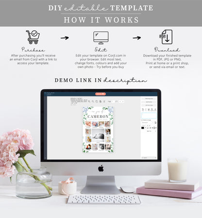Ferras Blossom Blue | Printable My First Year Photo Timeline Sign Template