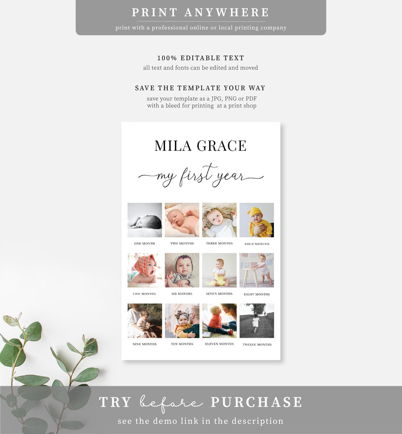 Quinn Script White | Printable My First Year Photo Timeline Sign ...