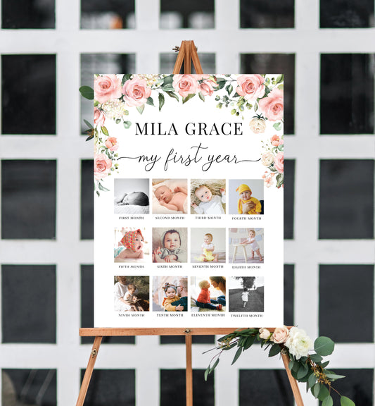 Darcy Floral Pink | Printable My First Year Photo Timeline Sign Template